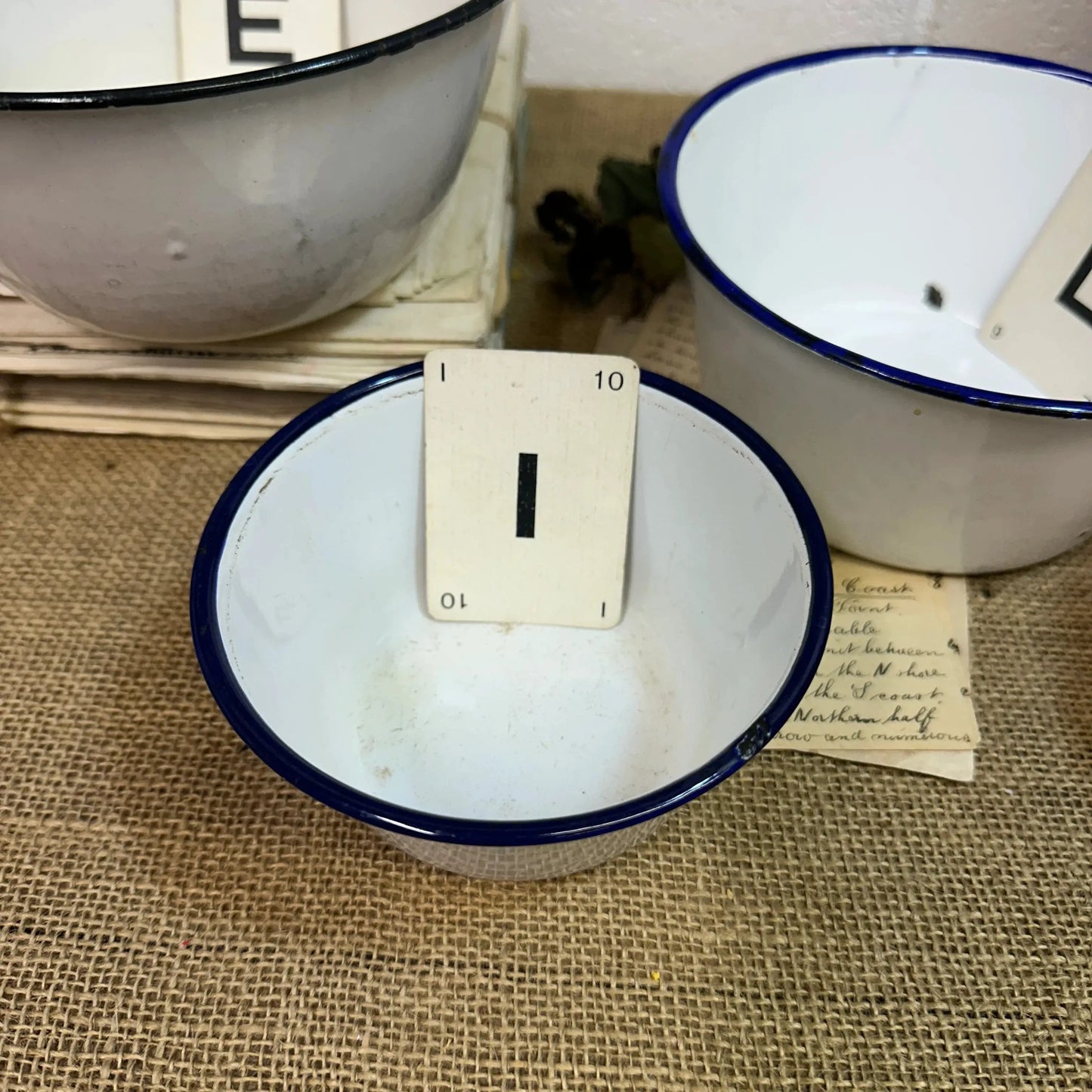 Enamel White & Blue Deep Bowls - The Blind Mole