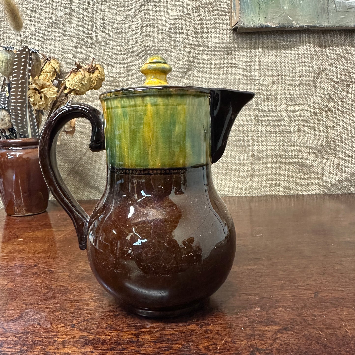 Dip Glazed Brown Stoneware Lidded Jug