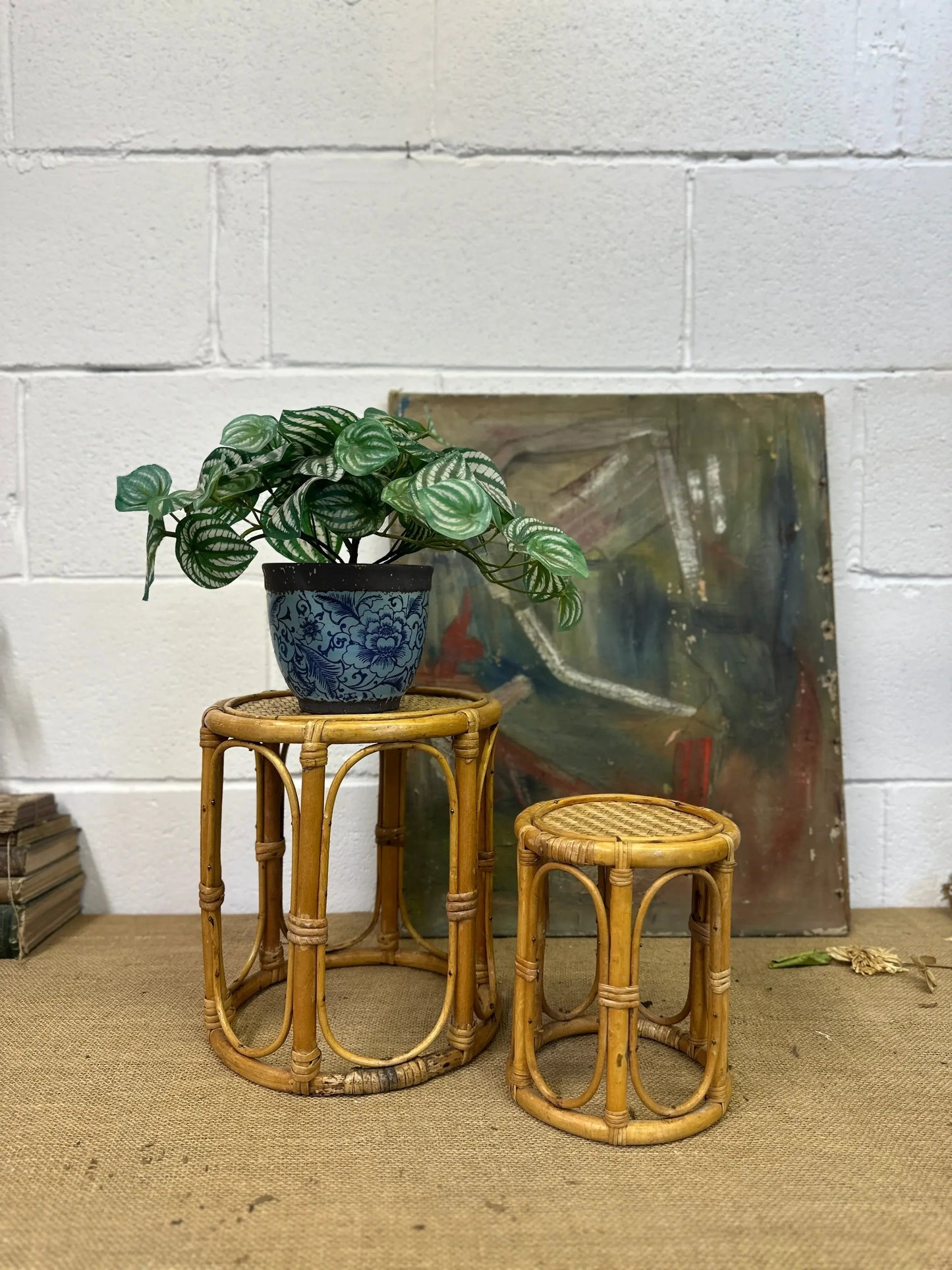 Pair Boho Bamboo Plant Stands Nesting Tables - The Blind Mole