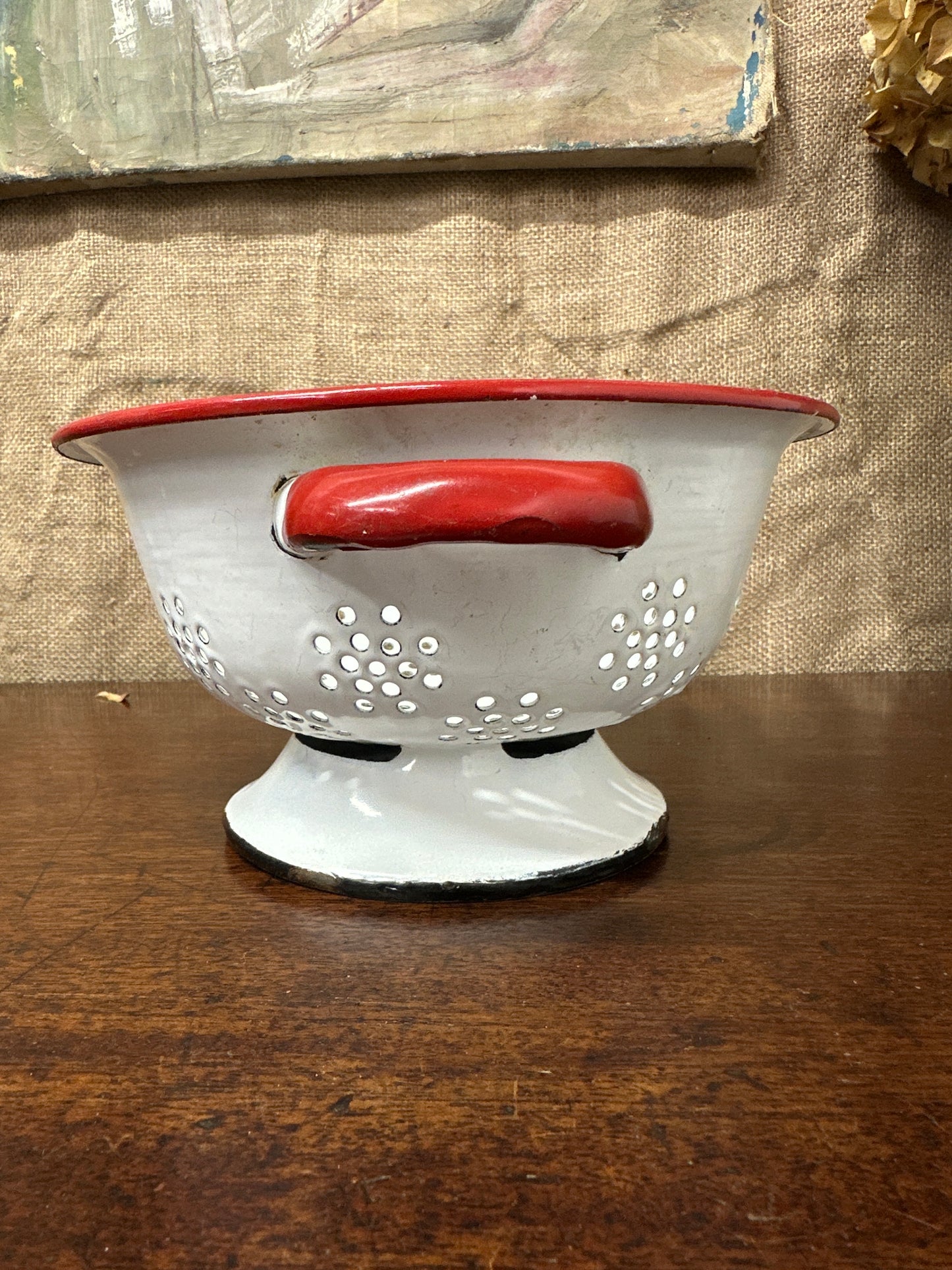 Vintage White & Red Enamel Colander Strainer