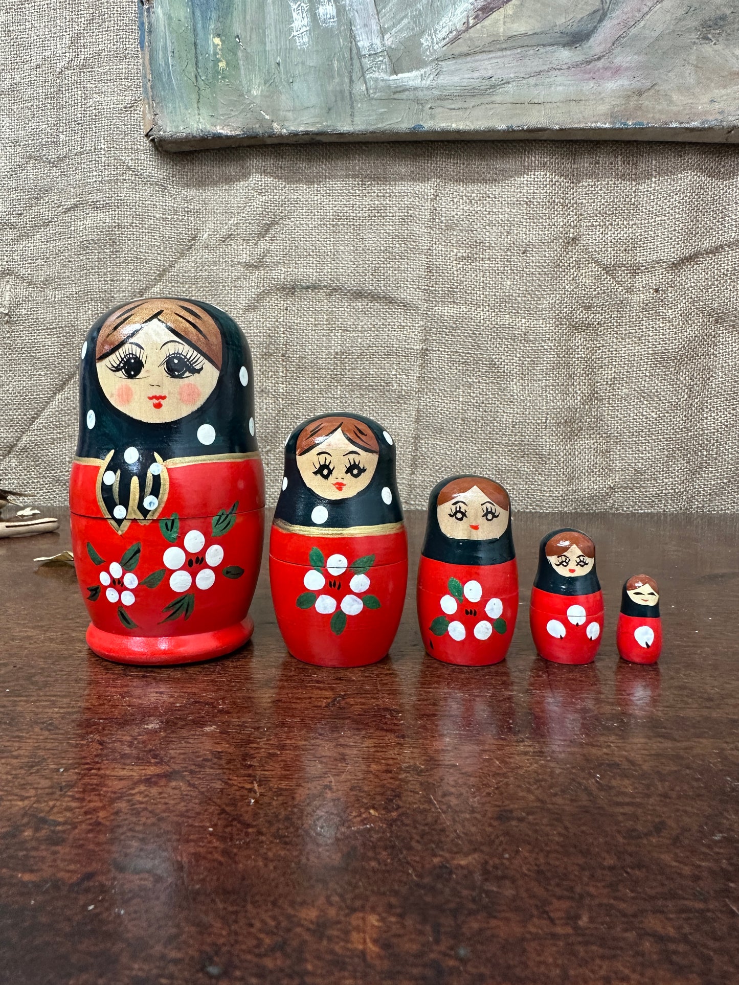 Vintage Red Russian Stacking Dolls, Nesting Dolls