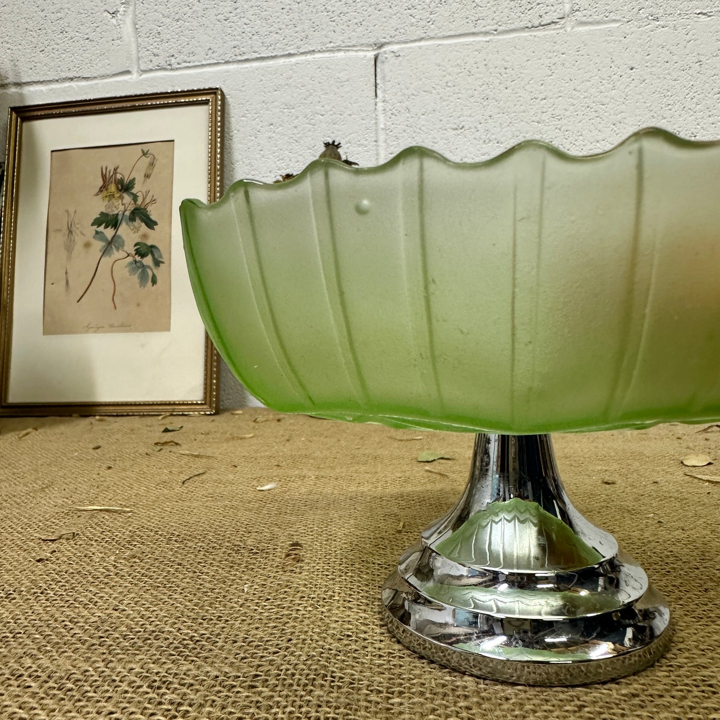 Green Pressed Glass Cake Stand