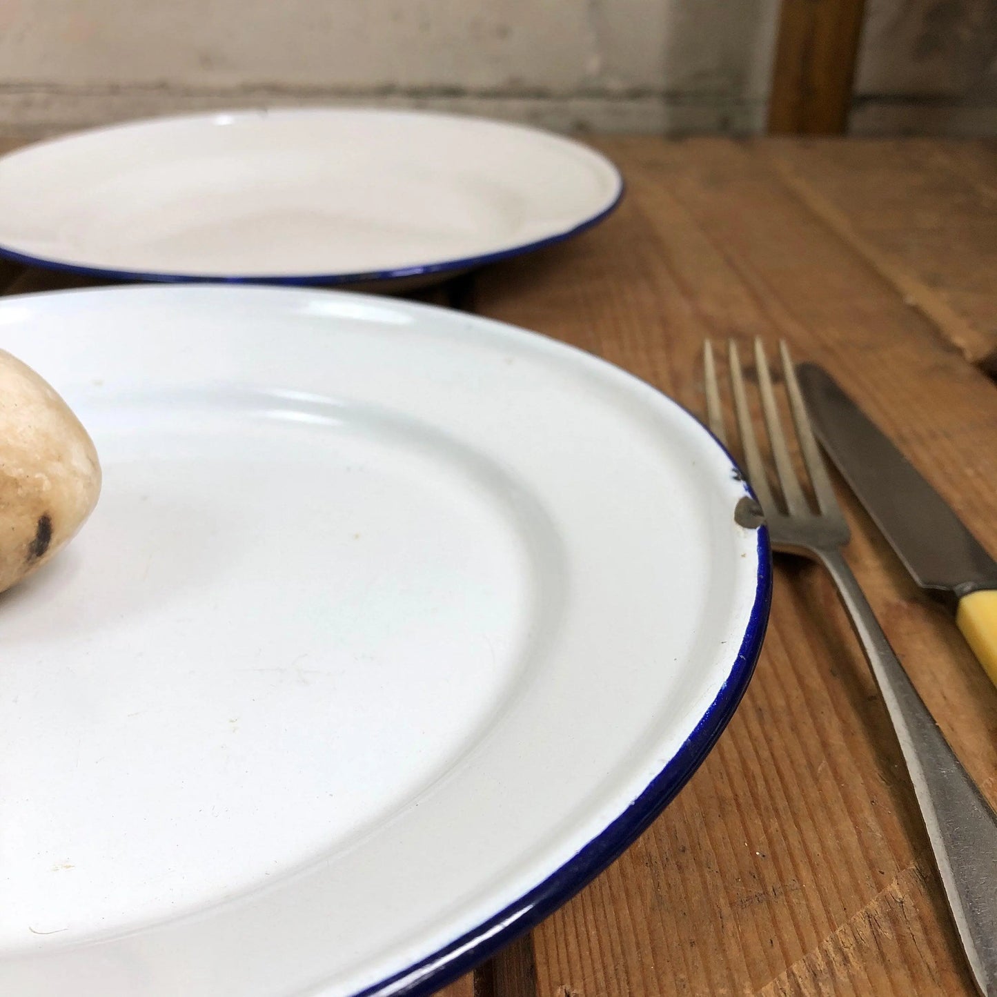 Pair of Vintage Enamel White & Blue Plates 22cm - The Blind Mole