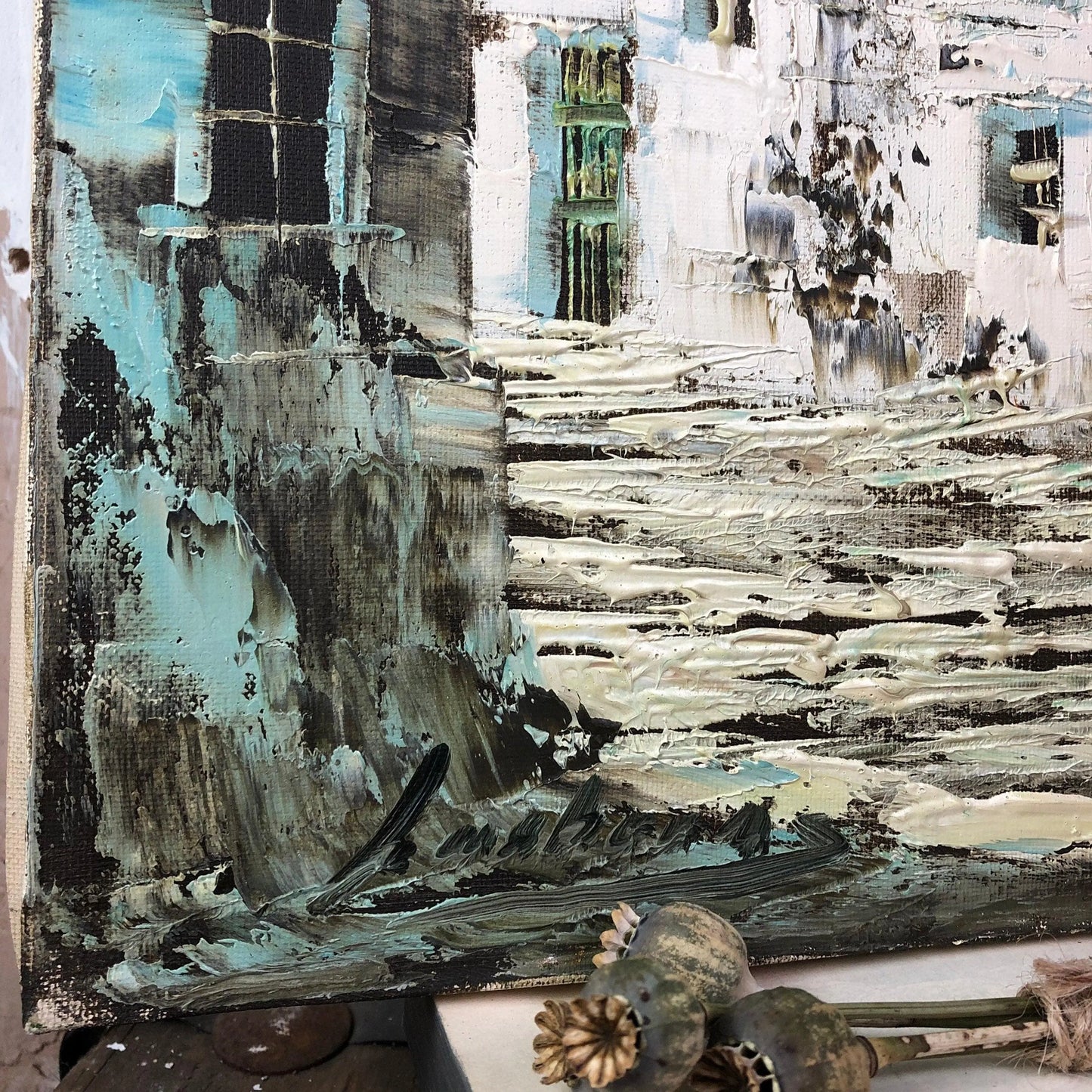 Mid Century Oil Painting on Canvas, Greek Street Scene - The Blind Mole