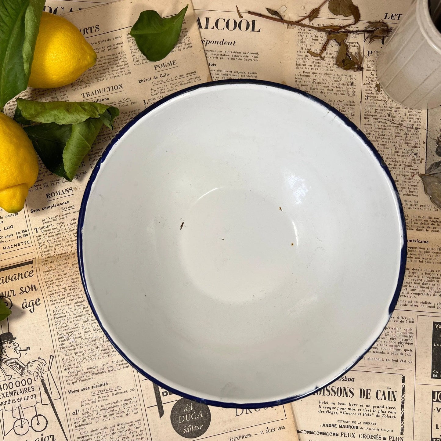 Vintage Enamel White & Blue Deep Pie Dish 23cm - The Blind Mole