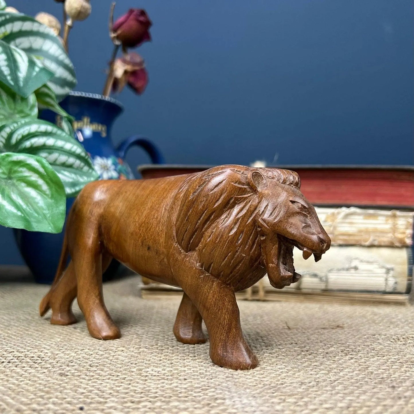 Mid Century Carved Teak Lion Figure - The Blind Mole