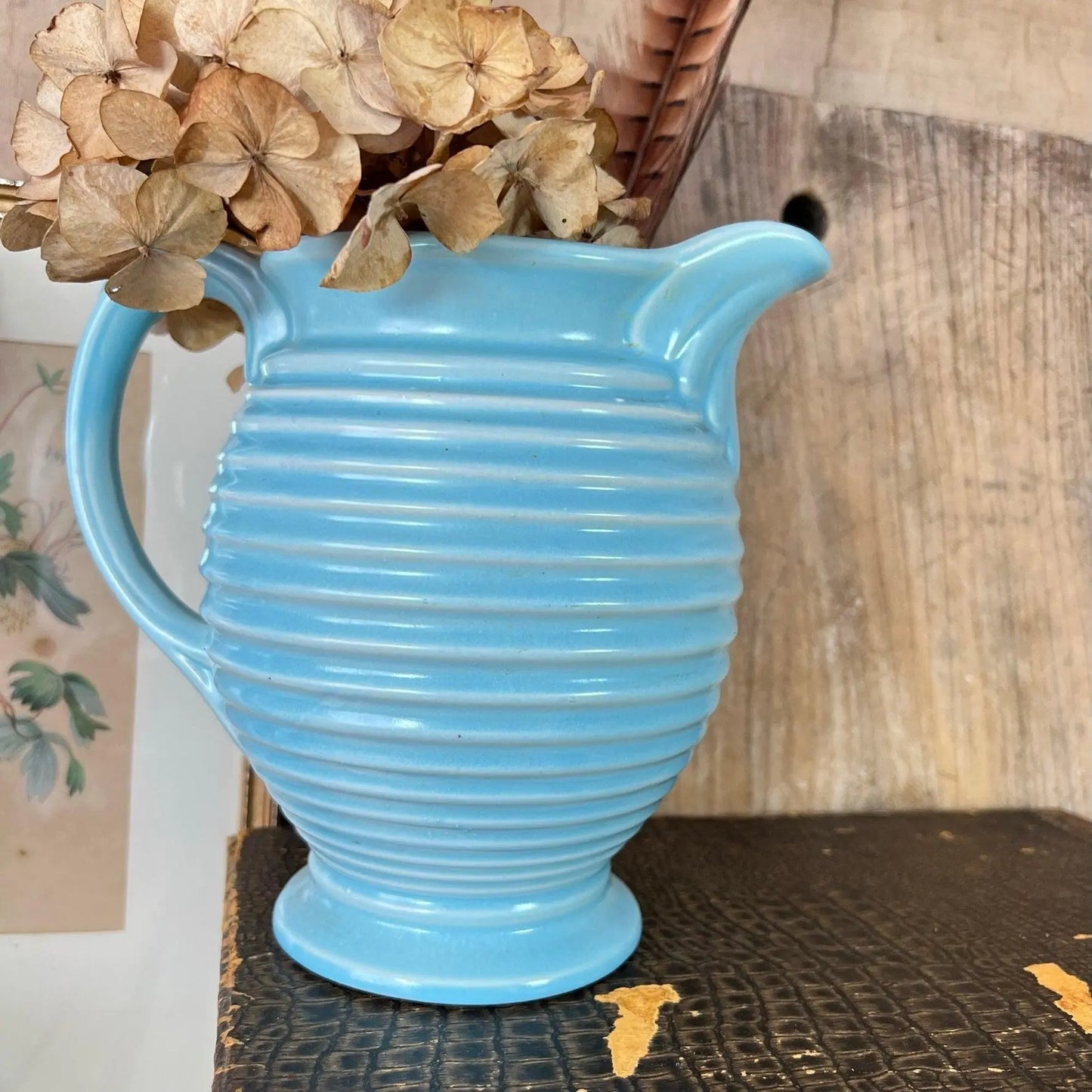 Art Deco Blue Artkrafts Stoneware Ribbed Vase Jug - The Blind Mole