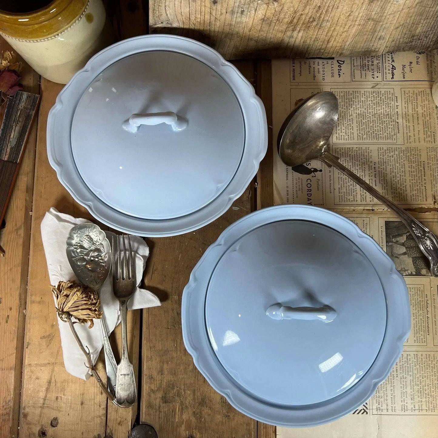 Pair of Johnson Bros Grey Dawn Tureens Light Blue - The Blind Mole
