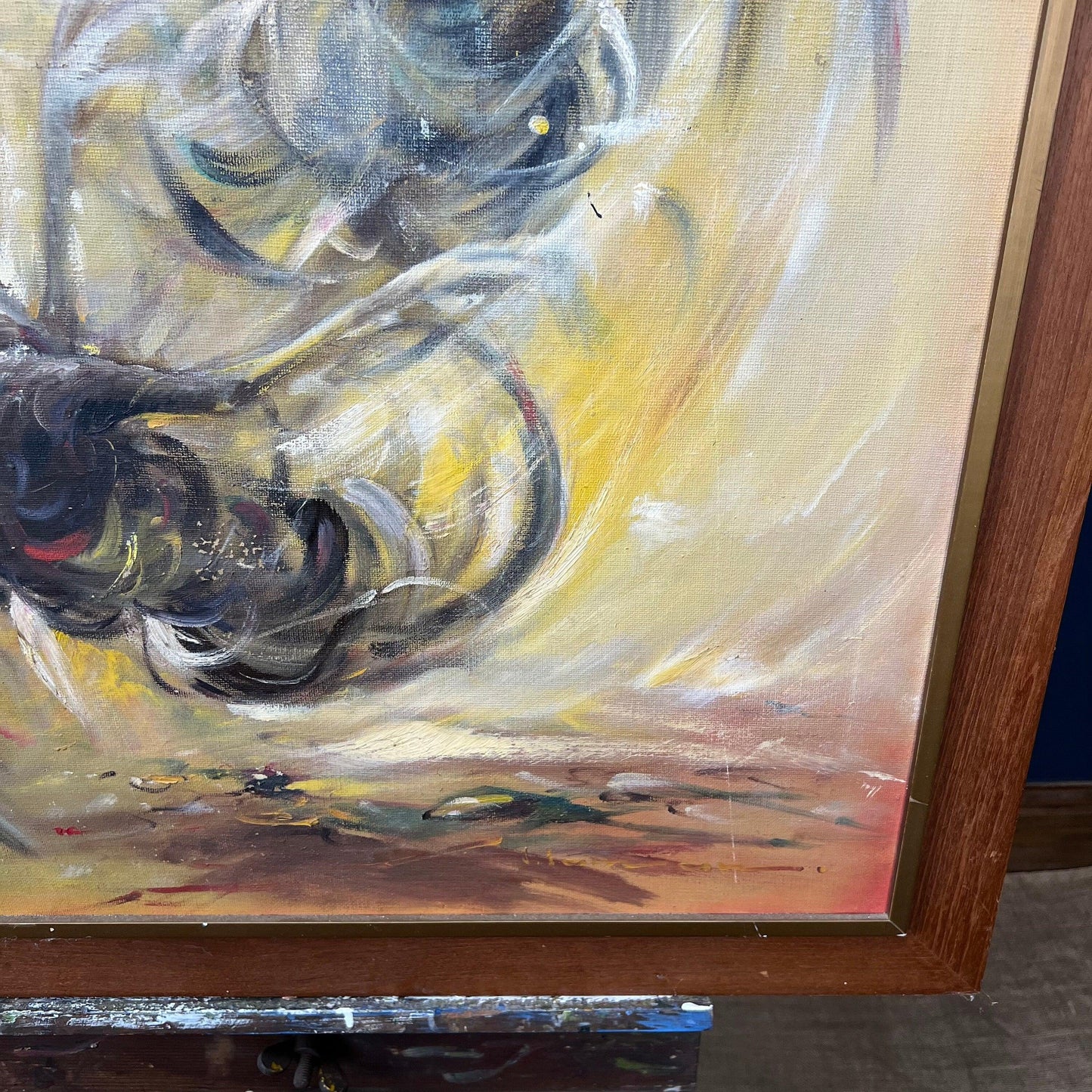 Framed Mid Century Original Oil on Canvas Cock Fight - The Blind Mole