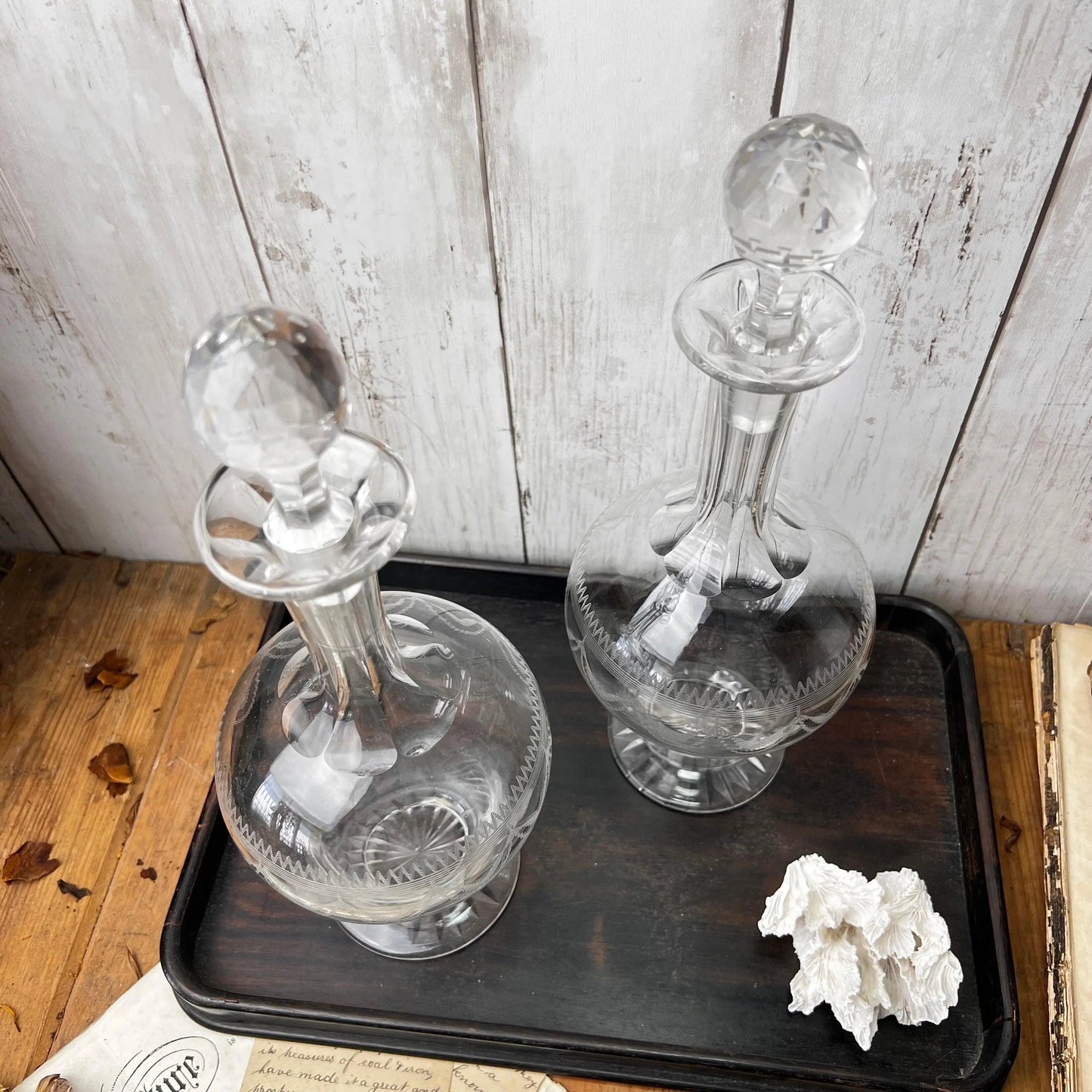 Pair of Victorian Etched Glass Vintage Decanters - The Blind Mole