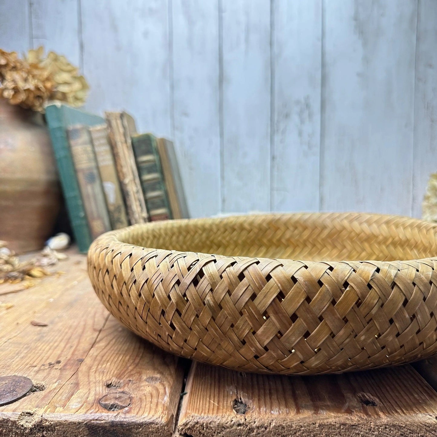 Small Mid Century Woven Boho Tiki Round Basket - The Blind Mole