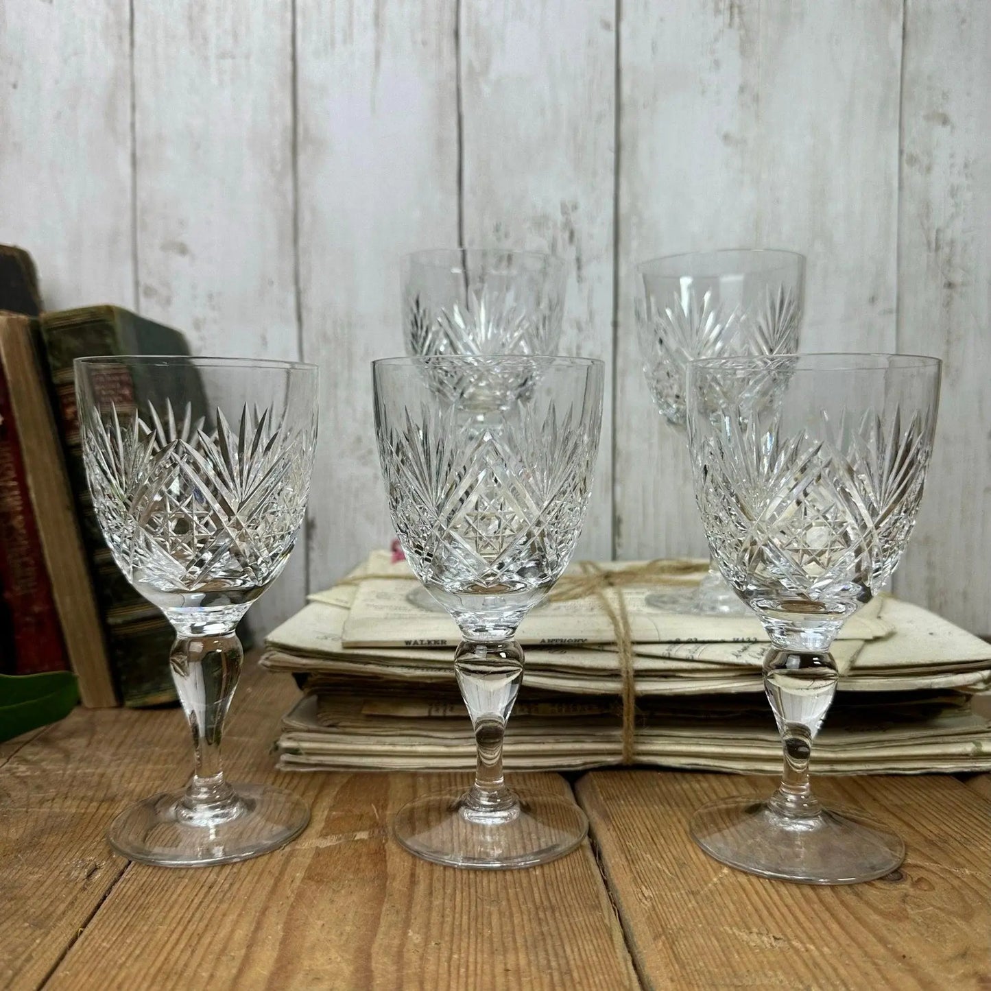 Five Vintage Taller Wine Glasses Pattern D - The Blind Mole
