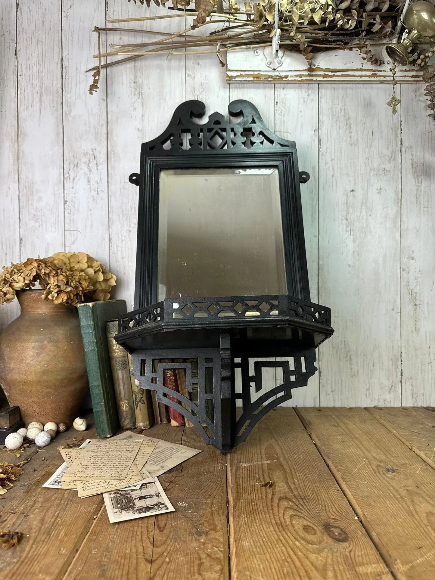 Pair of Victorian Black Ebony Mirror's Scones Wall Brackets - The Blind Mole