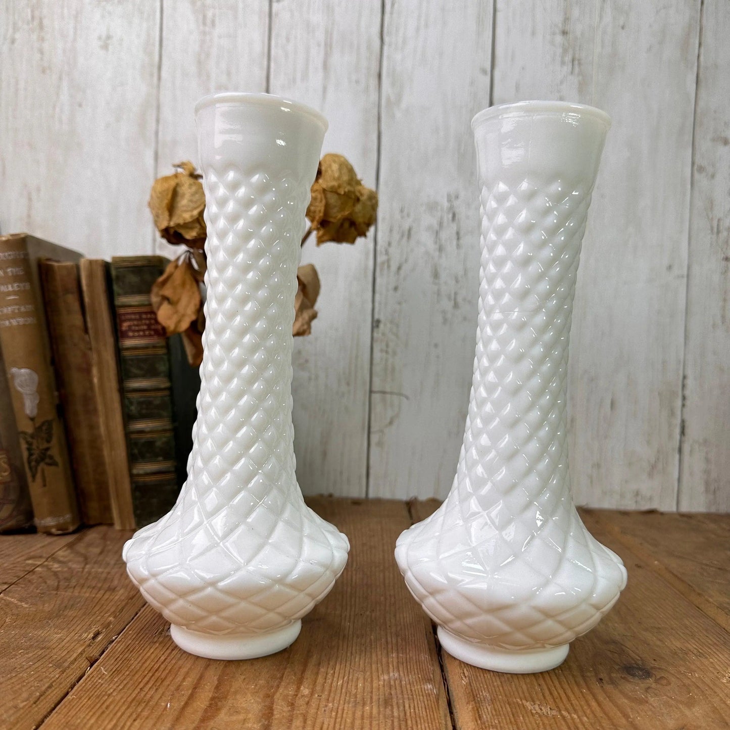 Pair of White Milk Glass Mantle Vases - The Blind Mole