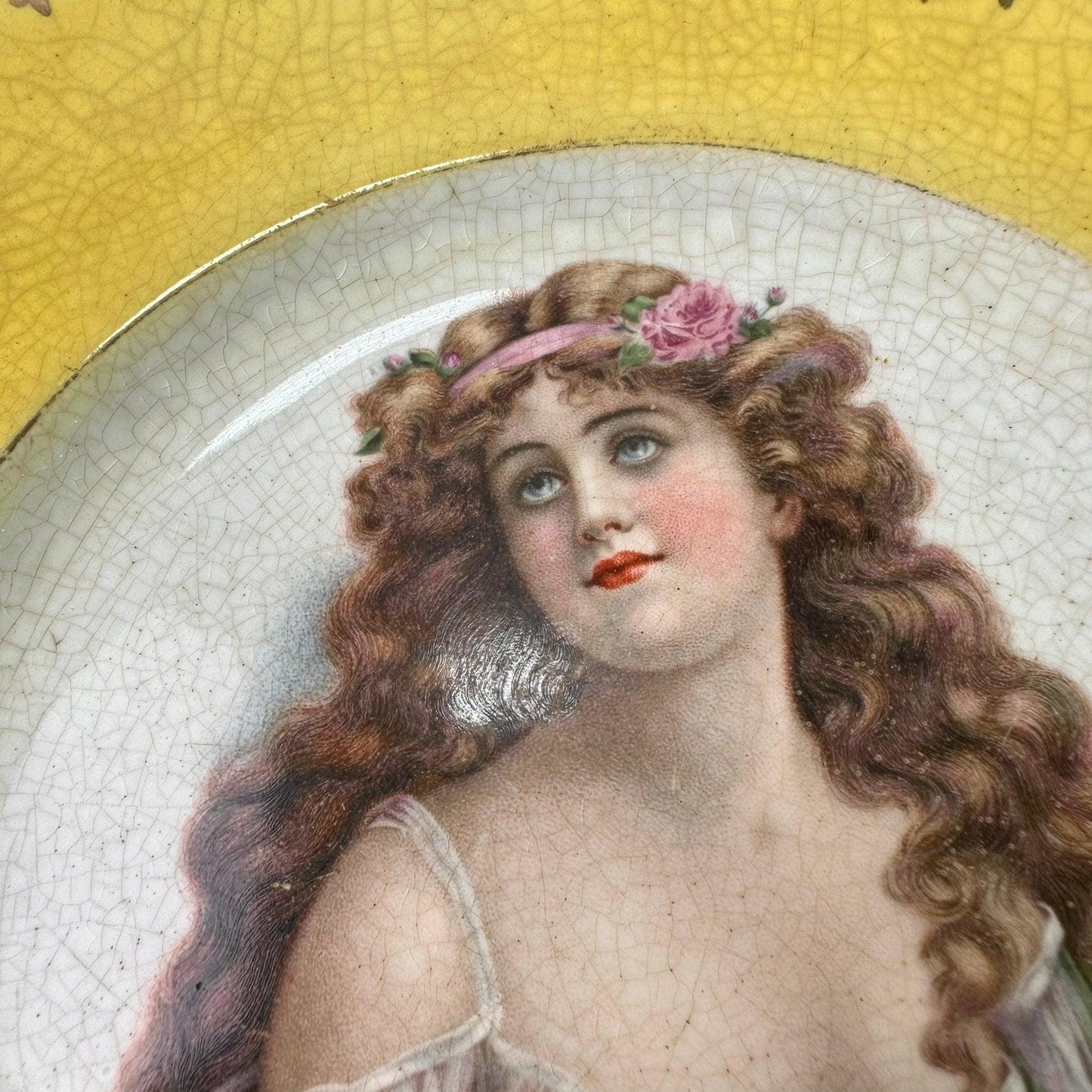 Yellow Antique Plate With Painted Lady, Wall Decor - The Blind Mole
