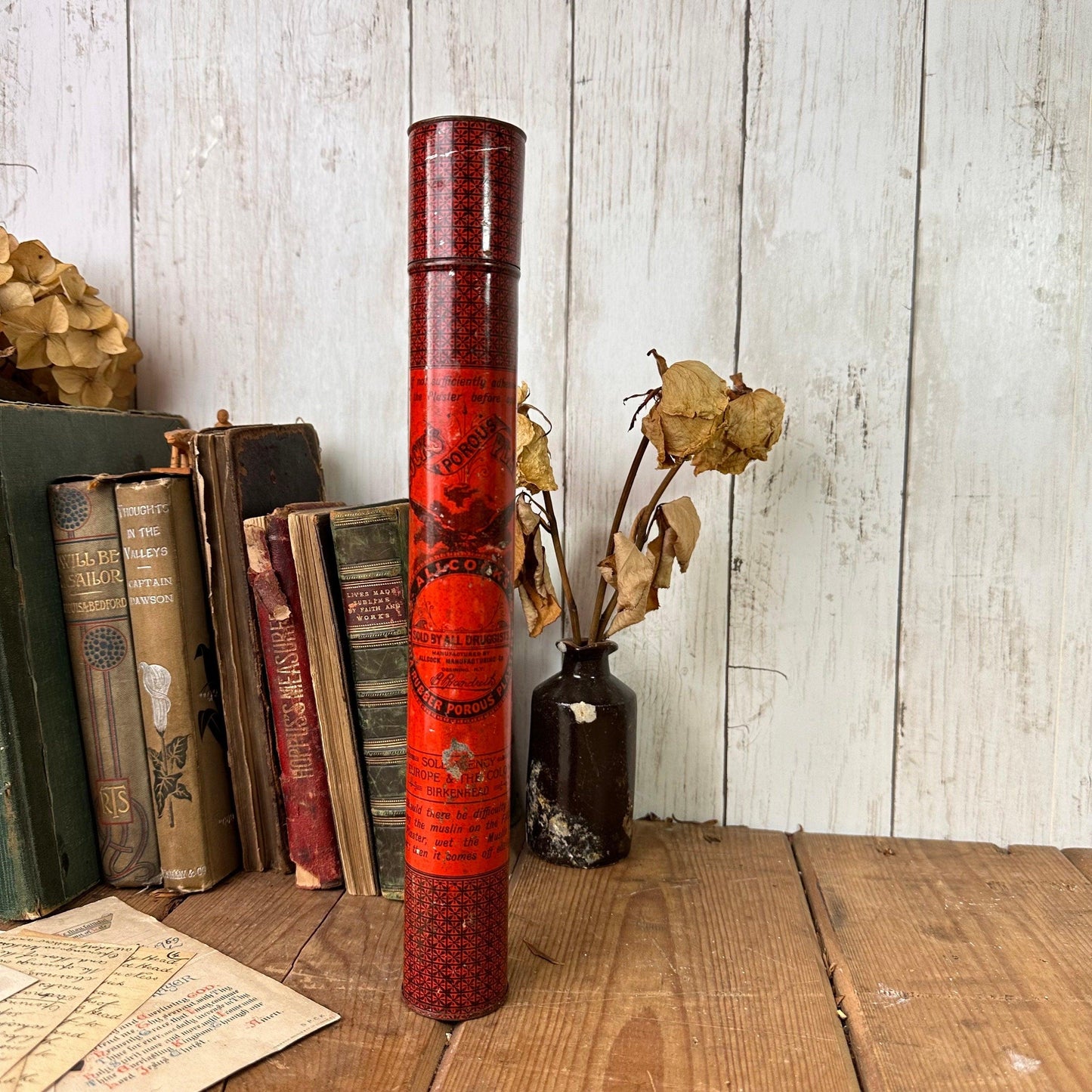 Antique Allcocks Porous Plaster Cylindrical Red Tin - The Blind Mole