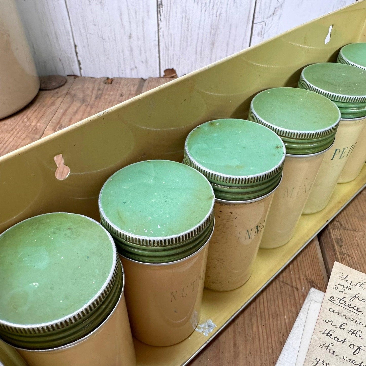 Set of Vintage Enamel Apothecary Spice Bottles, Jars, Enamel Cannisters With Enamel Shelf* - The Blind Mole