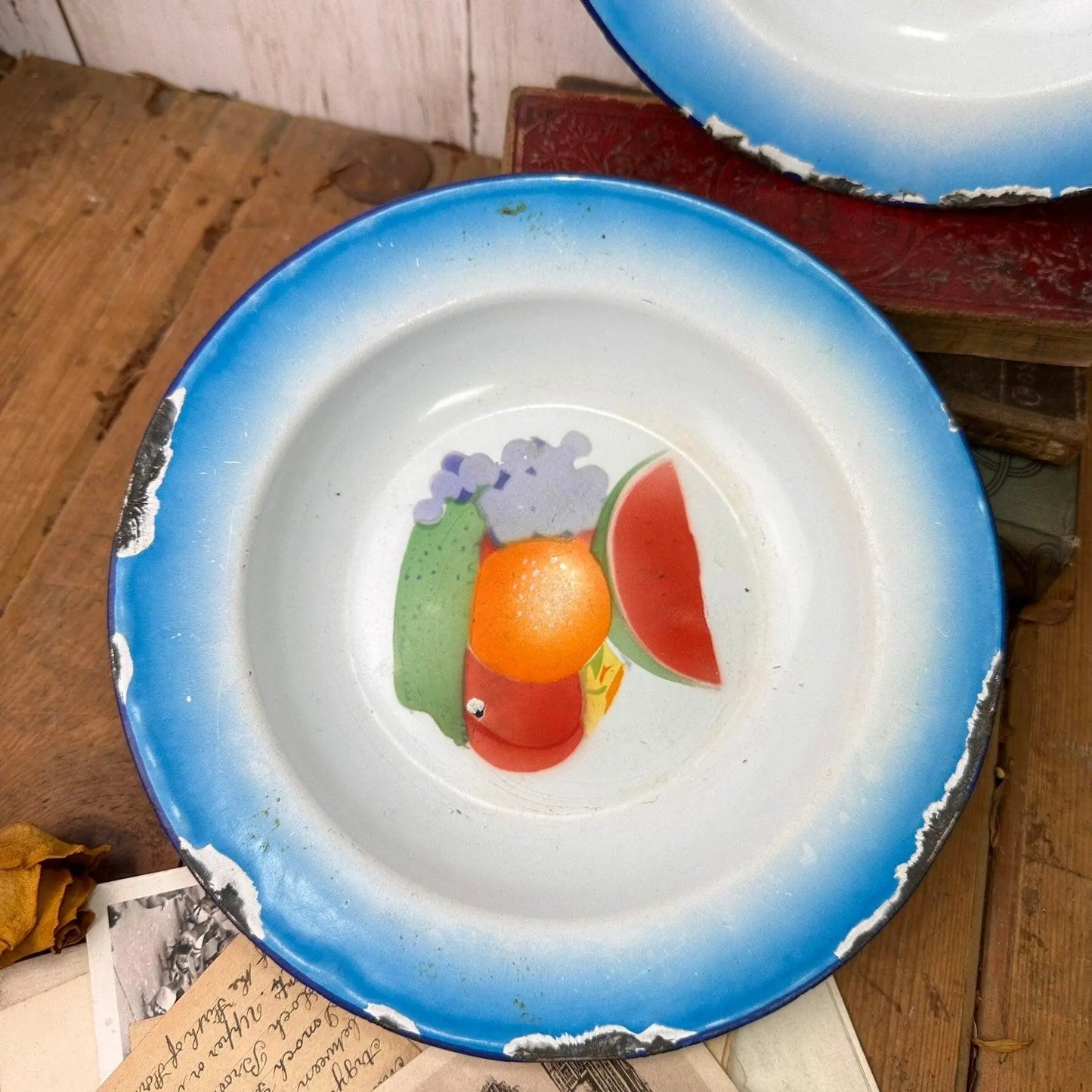 Vintage Blue Enamel Plates Dishes Fruit Design 22cm - The Blind Mole