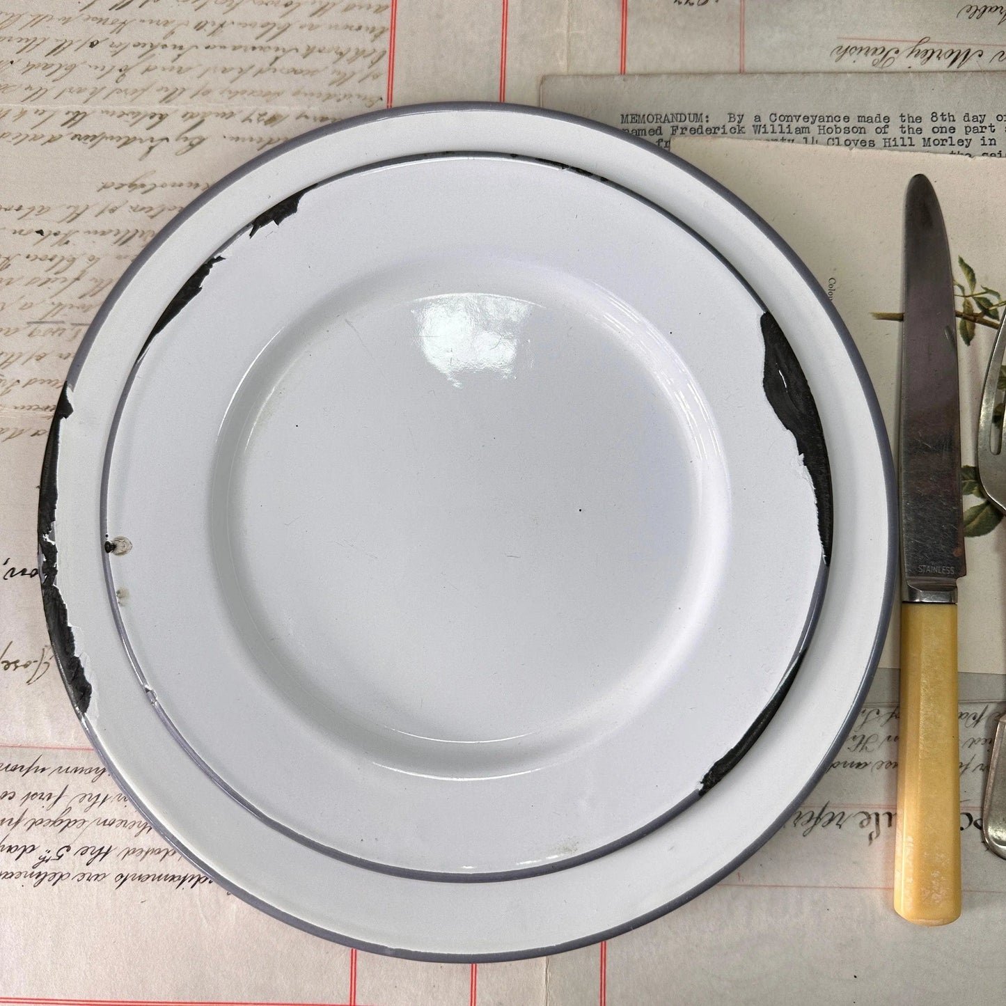 Pair of Vintage Enamel White & Grey Plates - The Blind Mole