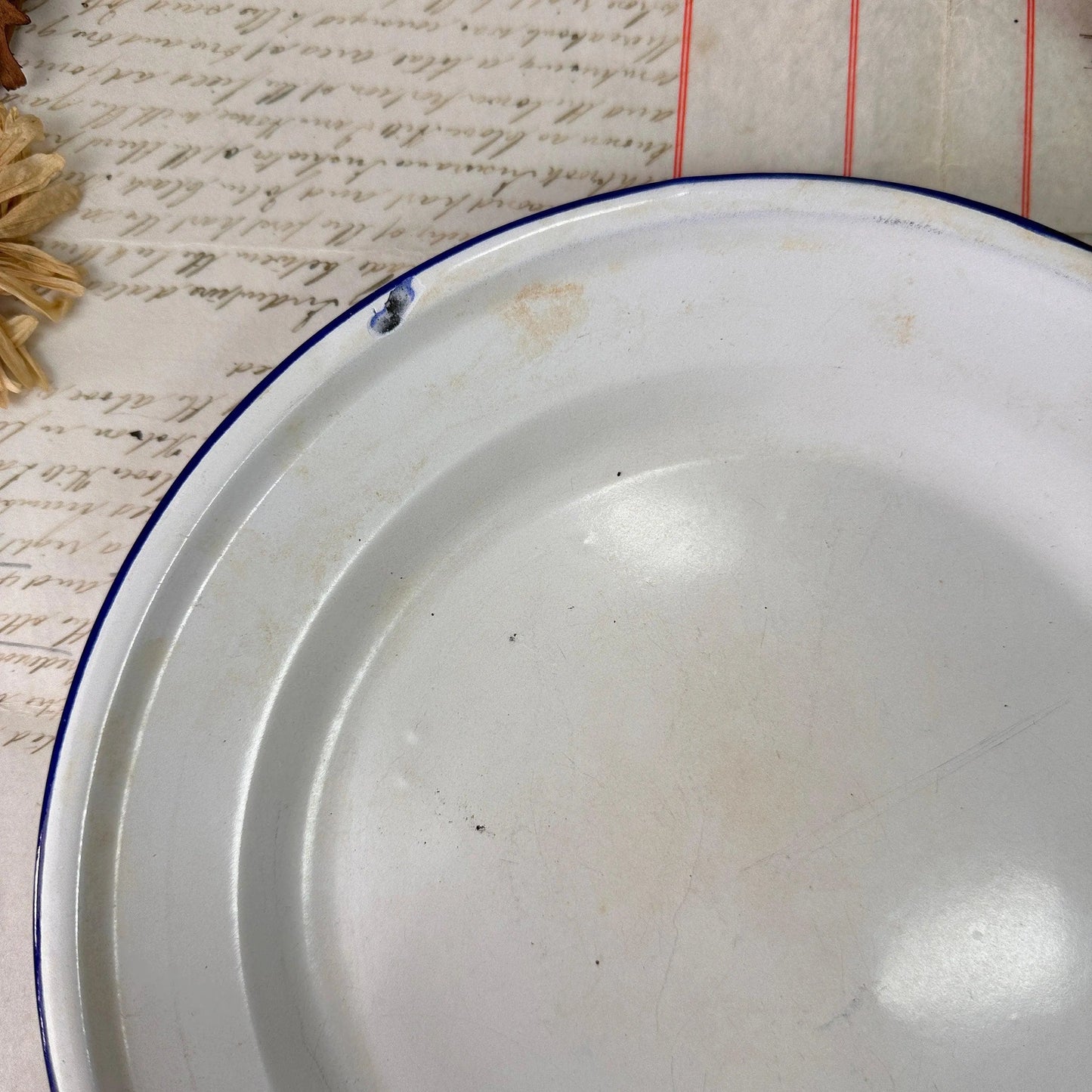 Vintage Enamel White & Blue Large Plate 26cm - The Blind Mole