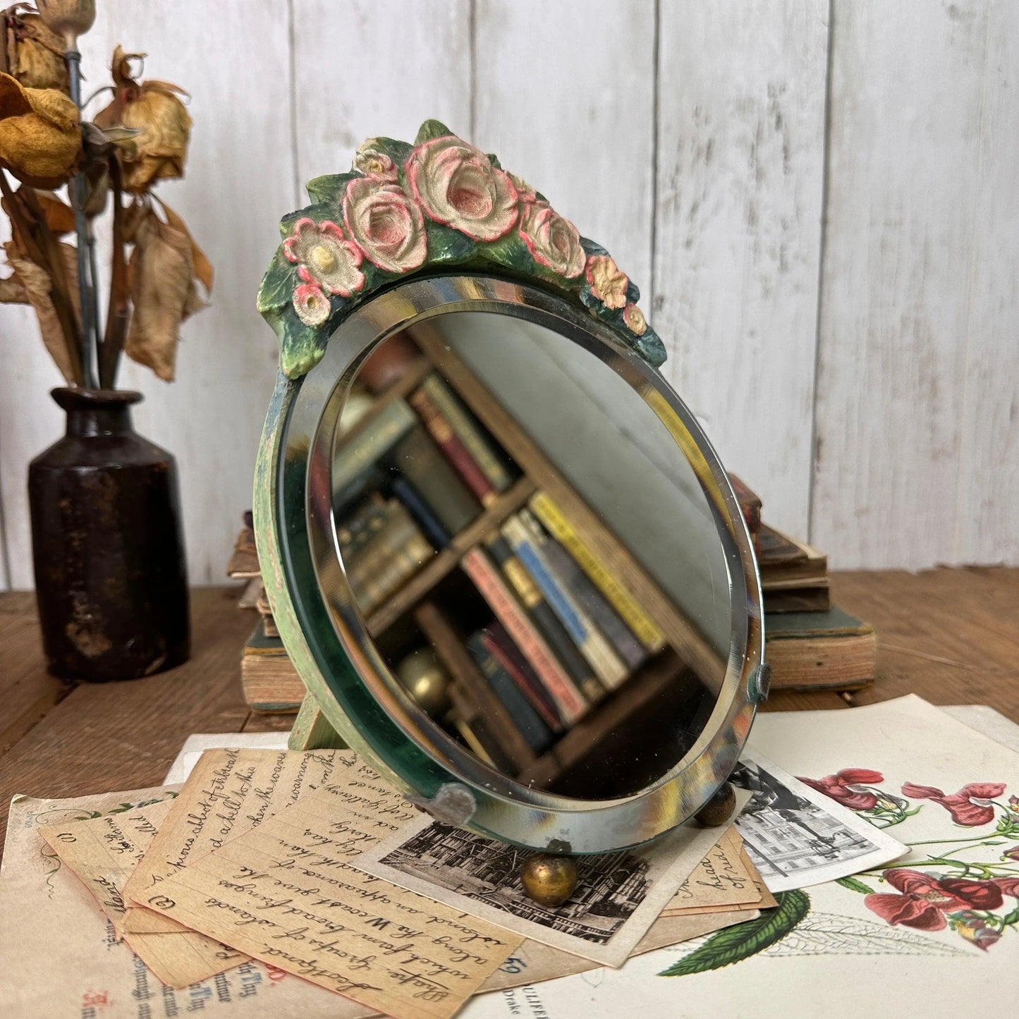 Floral Pink Plaster Gesso Barbola Dressing Table Mirror - The Blind Mole