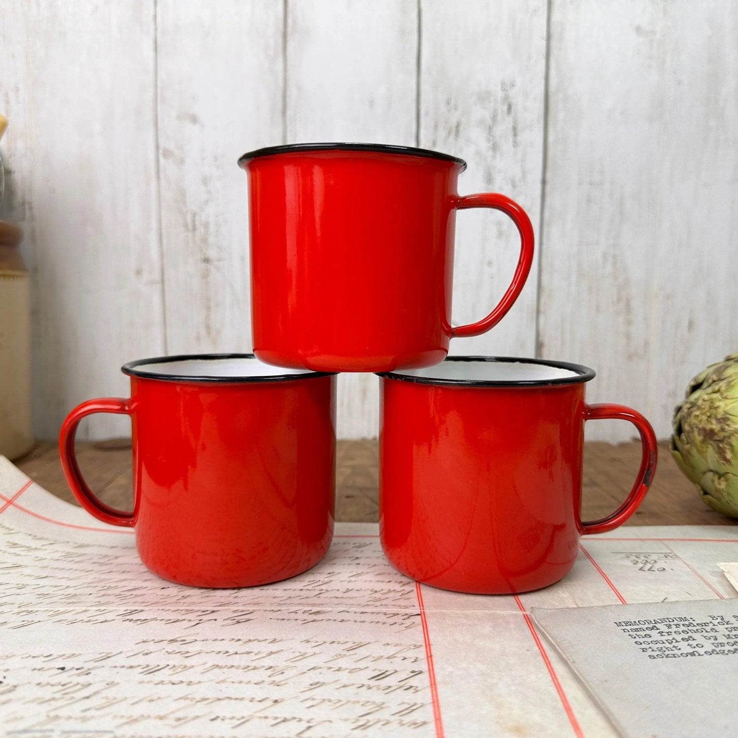 Three Vintage Enamel Red Mugs Camping Mugs - The Blind Mole
