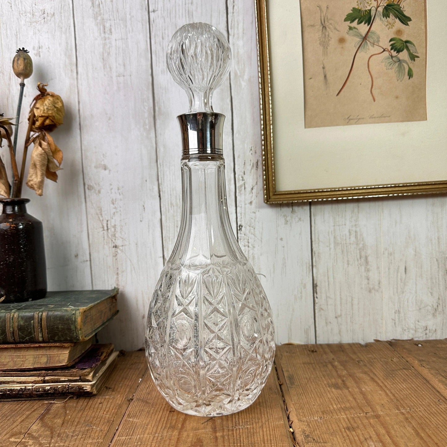 Large Cut Glass Vintage Decanter with Silver Collar - The Blind Mole