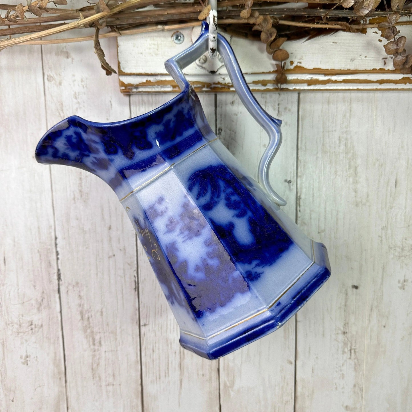Early Victorian Flow Blue Oriental Pattern Water Pitcher Jug - The Blind Mole