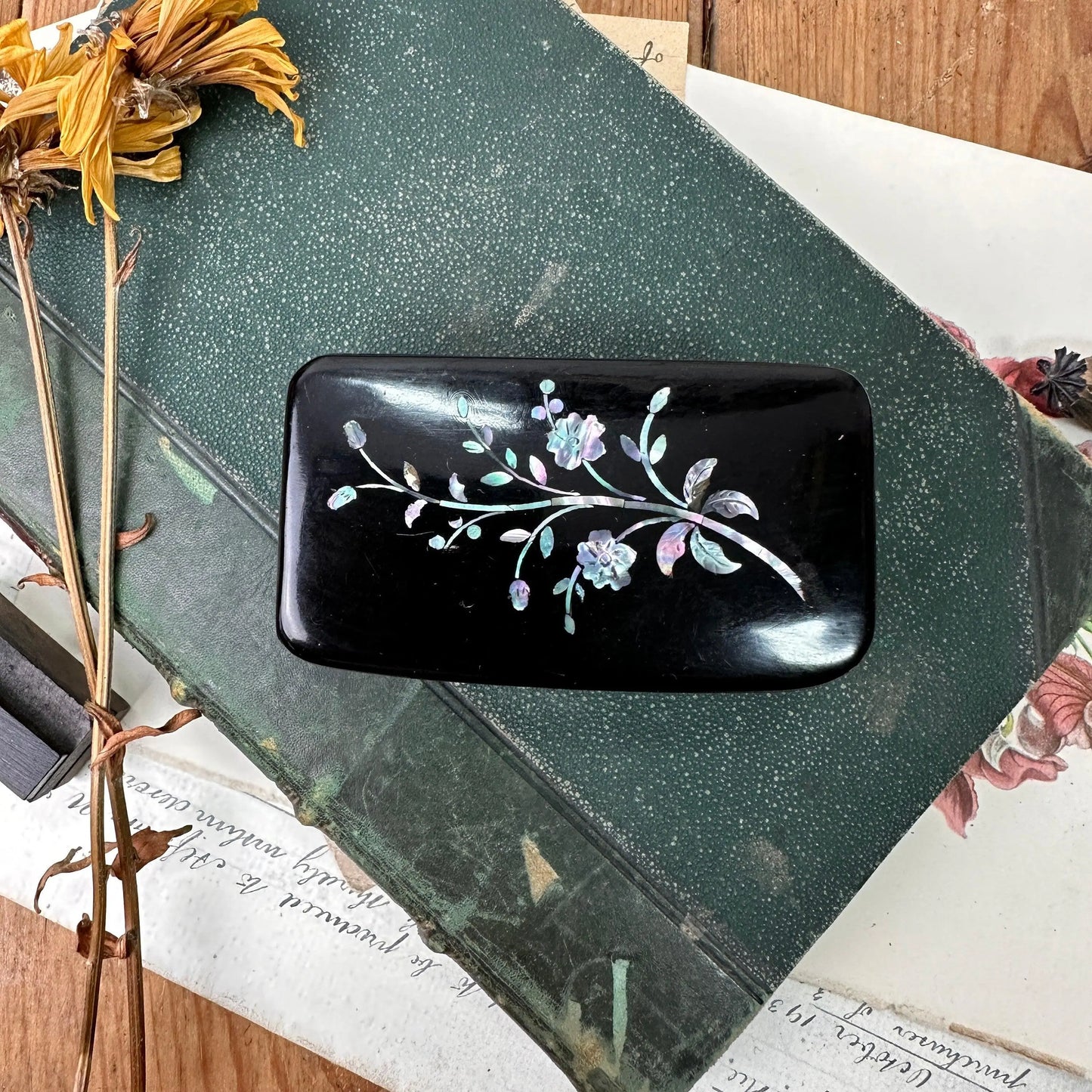 Small Antique Black Inlayed Wooden Box Ring Trinket - The Blind Mole