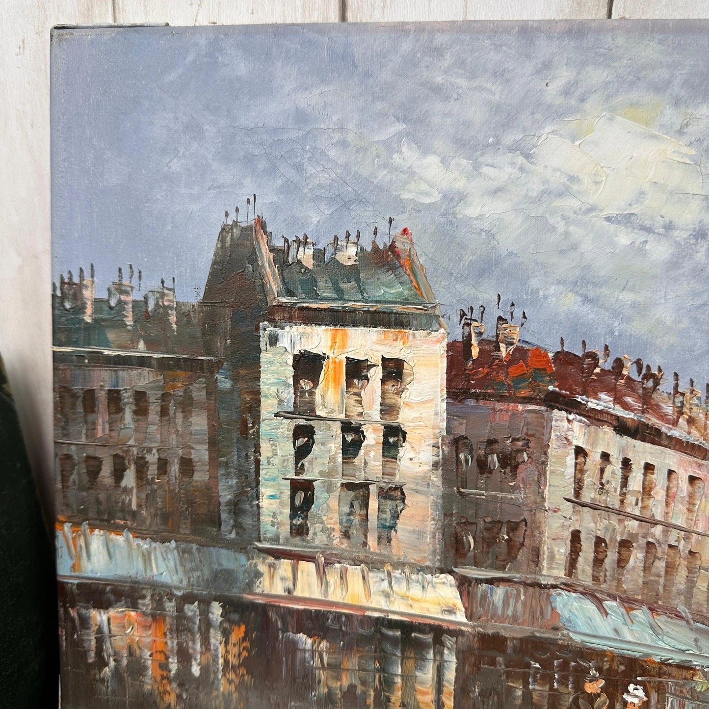Mid Century Original Oil on Canvas French Street Scene - The Blind Mole