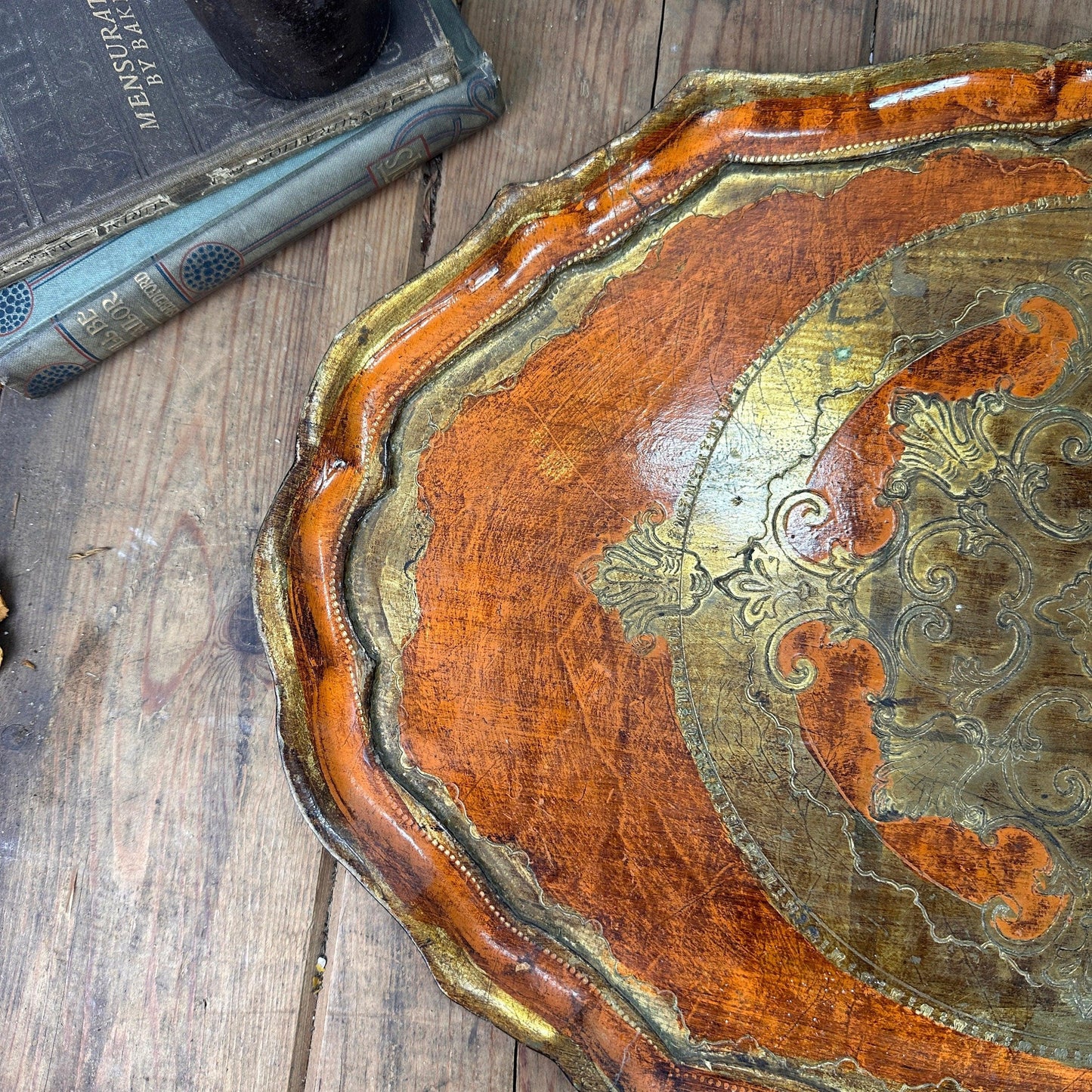 Vintage Italian Oval Florentine Tray - Orange & Gold - The Blind Mole
