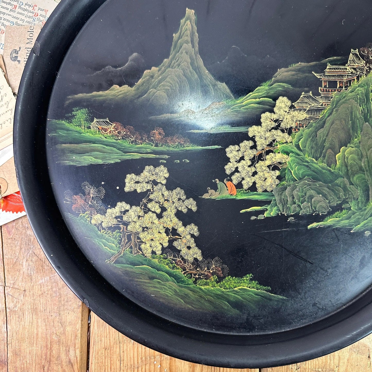 Victorian Black Ebony Tray Oriental Design - The Blind Mole