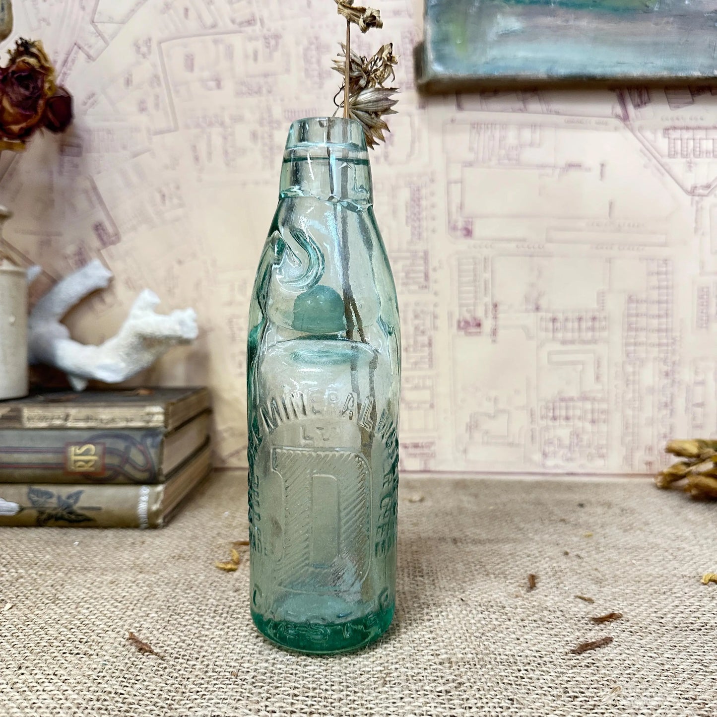 Antique codd neck bottle - The D mineral water company Chester stem vase - The Blind Mole