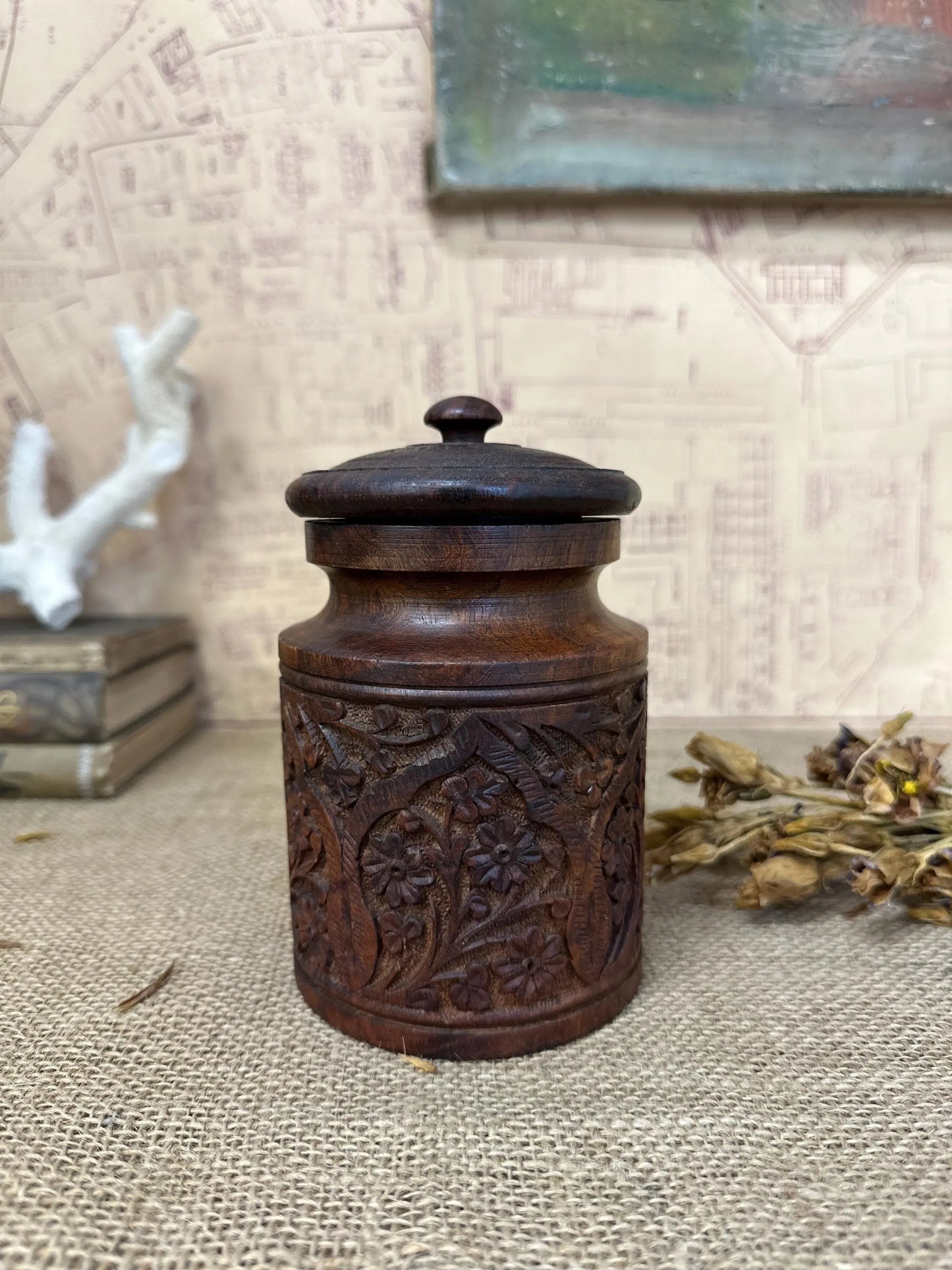Carved Wooden Round Lidded Pot Box - The Blind Mole