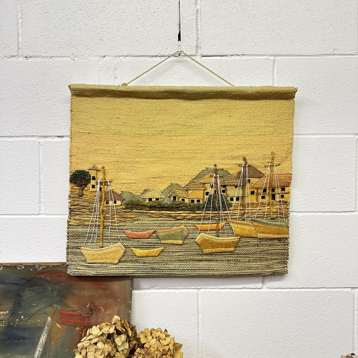 Mid Century Handmade Tapestry Wall Hanging Nautical Scene Sewing Landscape - The Blind Mole