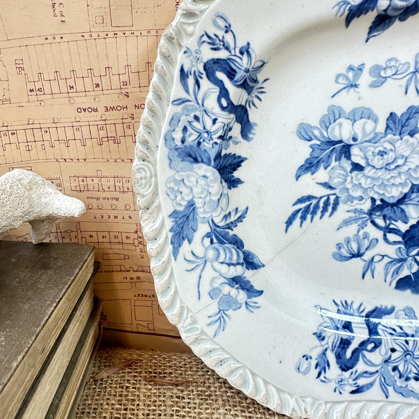 Antique Brameld - Parroquet Blue & White Transferware Serving Platter - The Blind Mole