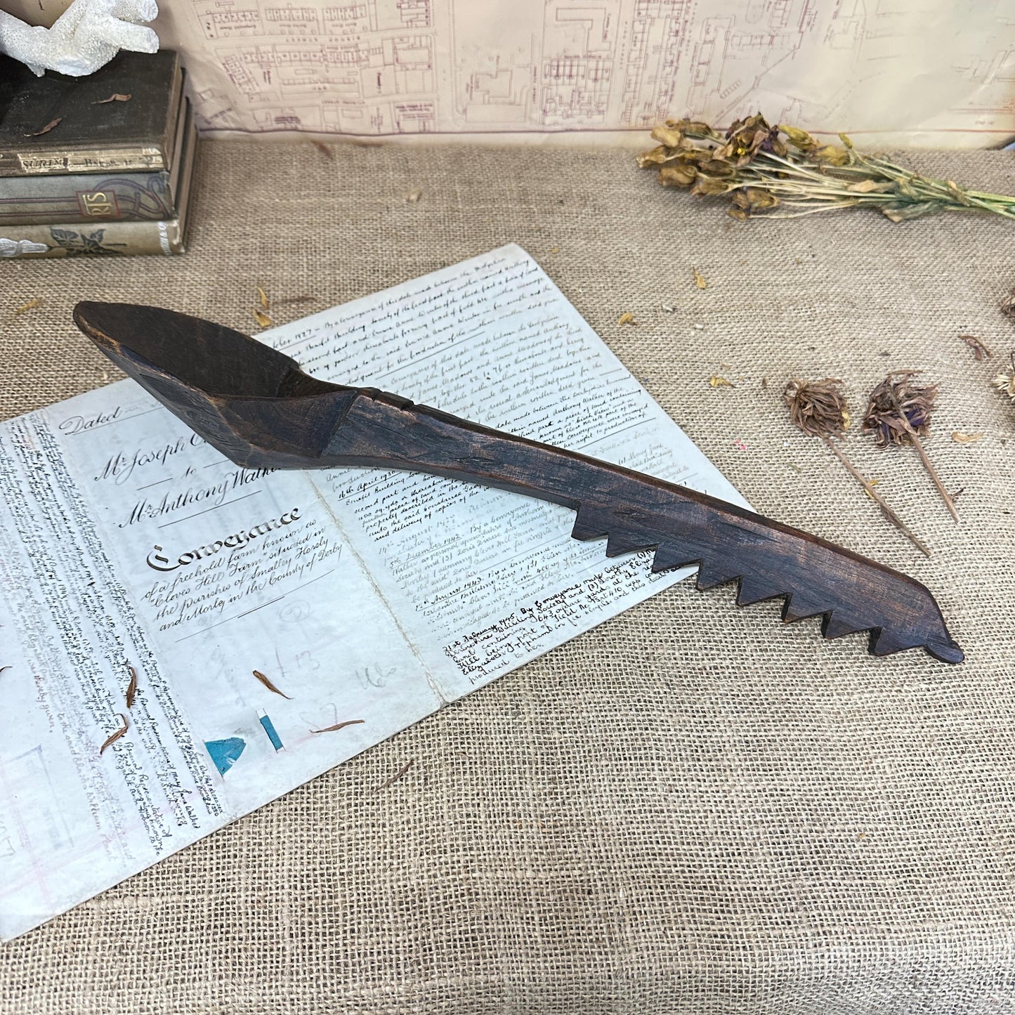 Antique Large Hand Carved Wooden Spoon Folk Art - The Blind Mole