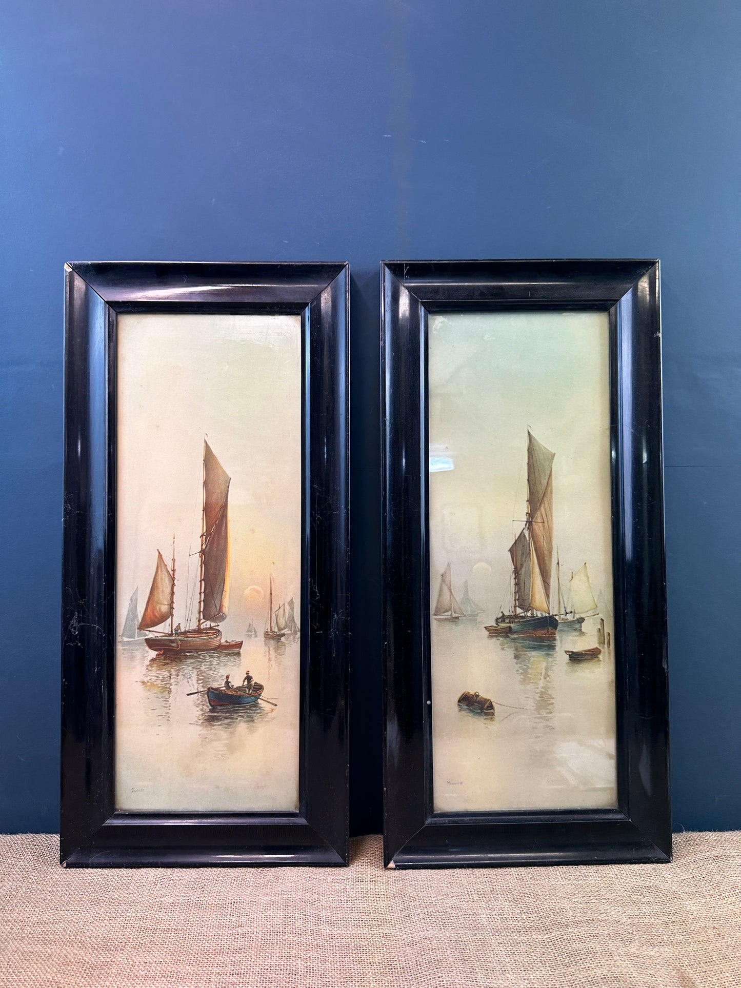 Pair Watercolour Prints Garman Morris Moonrise Sunset The Blind Mole