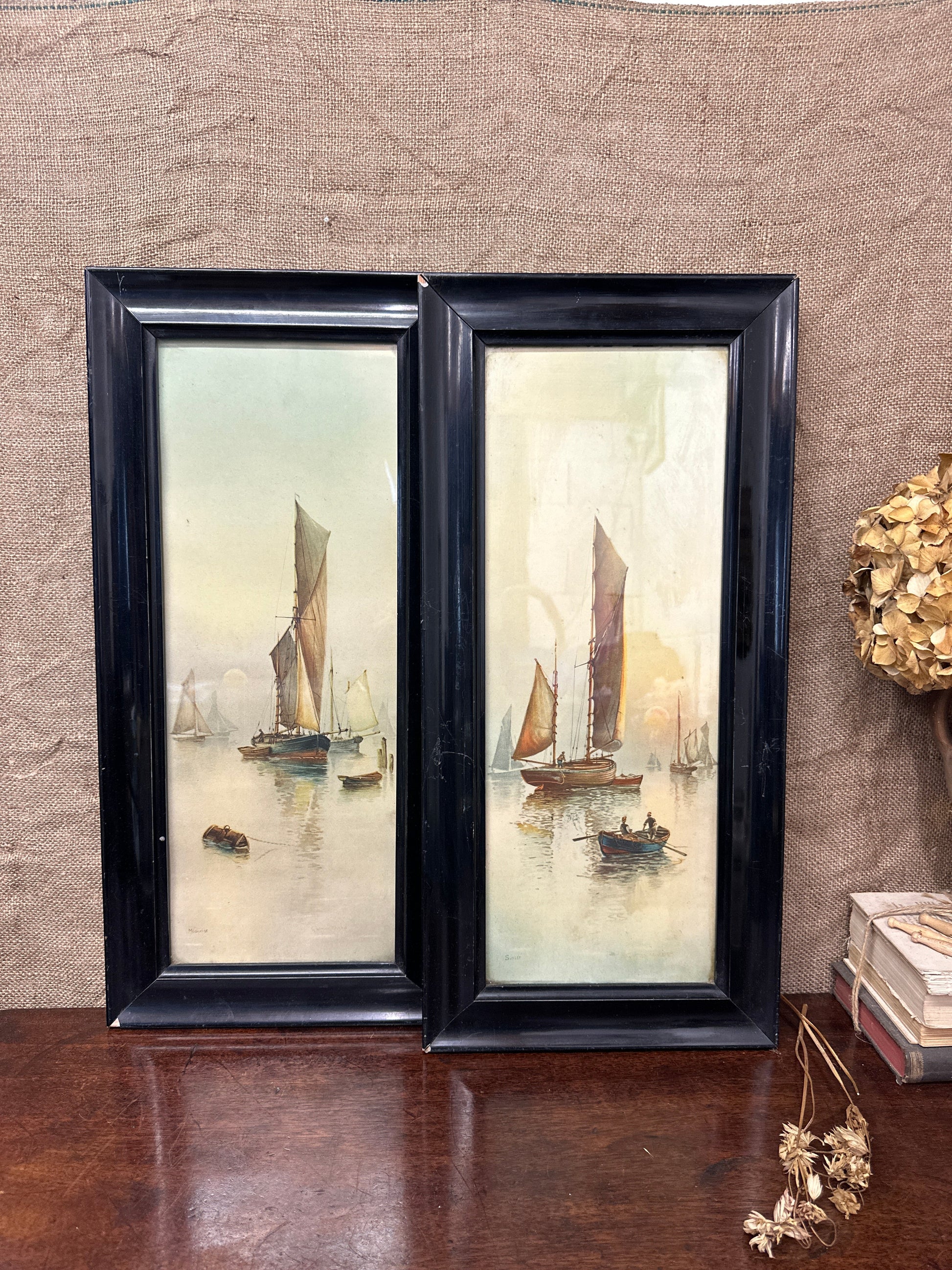 Pair Watercolour Prints Garman Morris Moonrise Sunset The Blind Mole