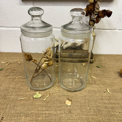 Large Clear Vintage Lidded Glass Apothecary Bon Bon Jars Pair - The Blind Mole