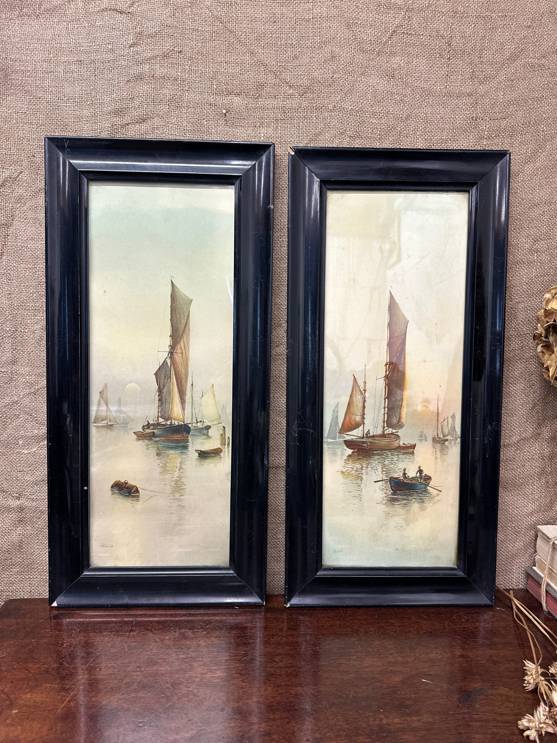 Pair Watercolour Prints Garman Morris Moonrise Sunset The Blind Mole