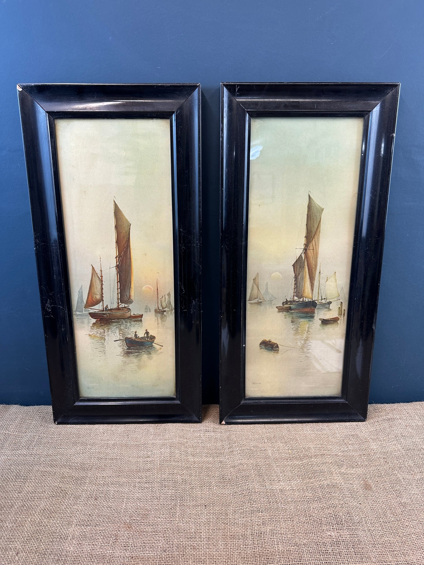 Pair Watercolour Prints Garman Morris Moonrise Sunset The Blind Mole