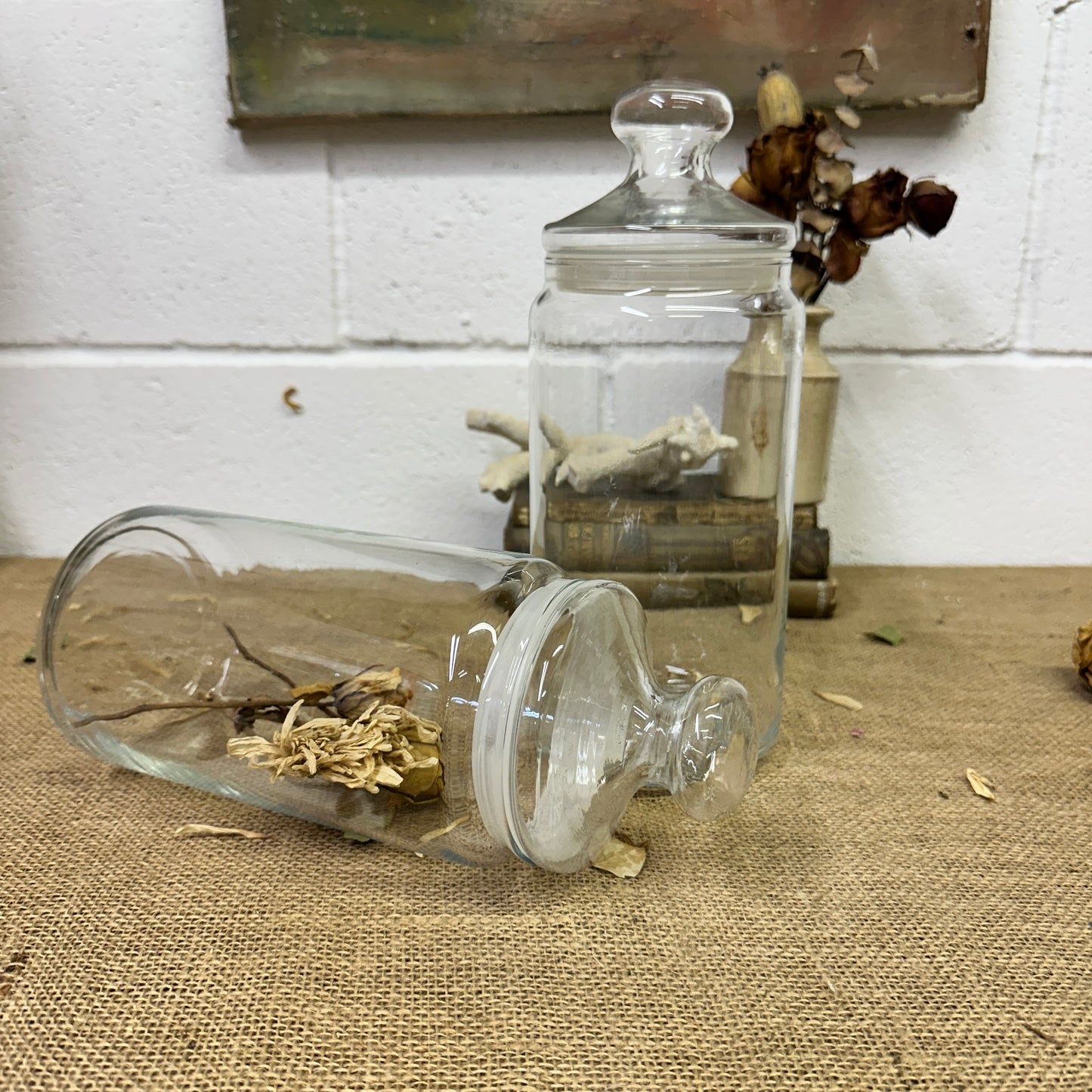 Large Clear Vintage Lidded Glass Apothecary Bon Bon Jars Pair - The Blind Mole