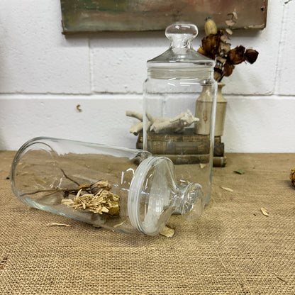 Large Clear Vintage Lidded Glass Apothecary Bon Bon Jars Pair - The Blind Mole