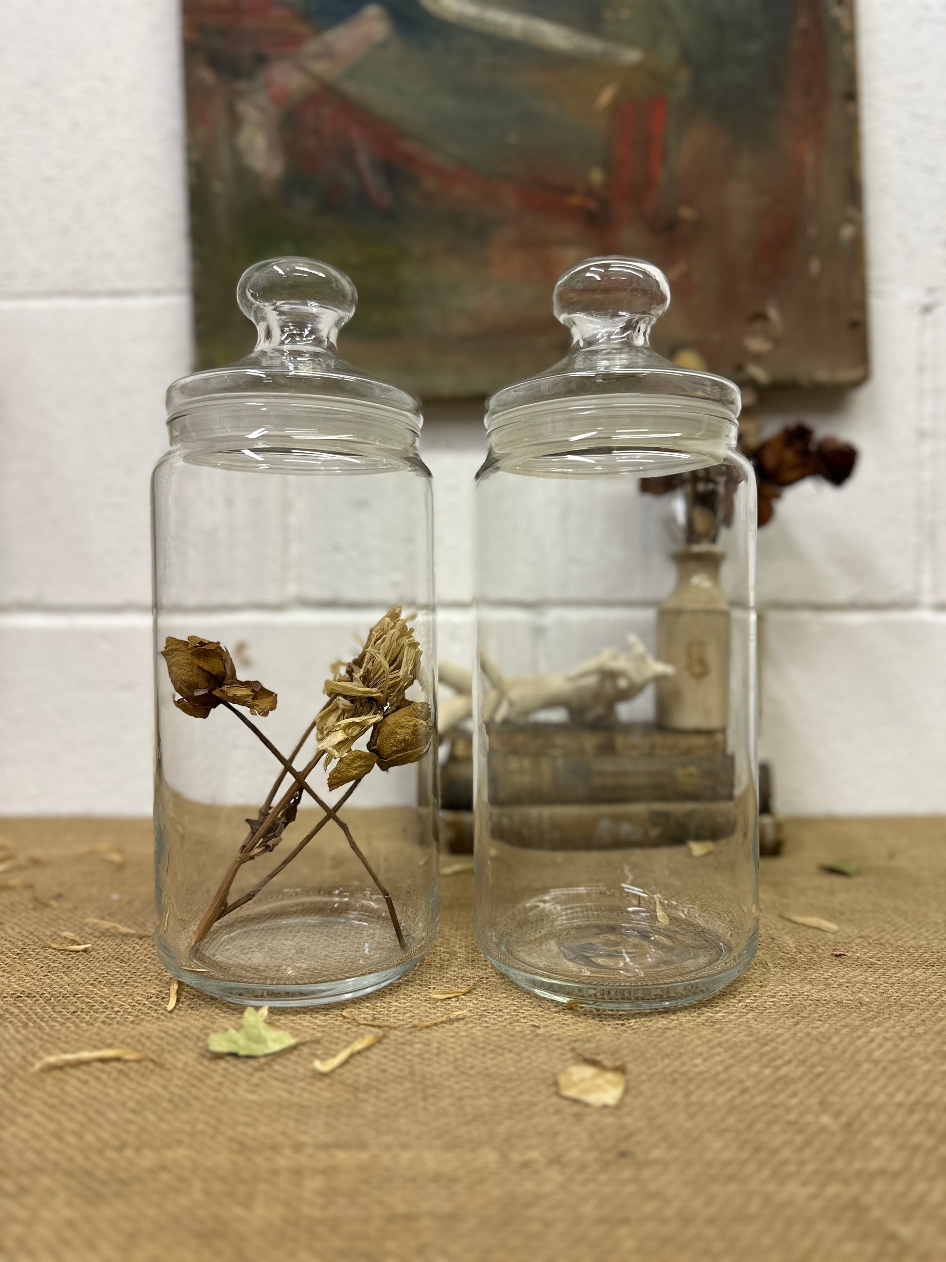 Large Clear Vintage Lidded Glass Apothecary Bon Bon Jars Pair - The Blind Mole