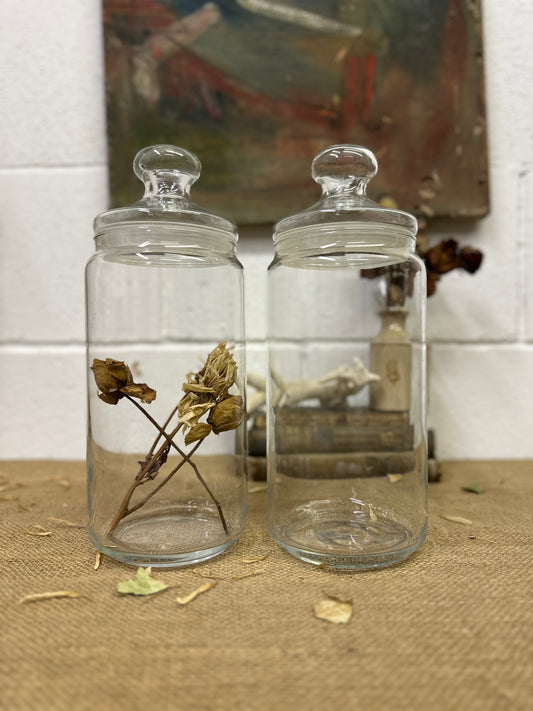 Large Clear Vintage Lidded Glass Apothecary Bon Bon Jars Pair - The Blind Mole