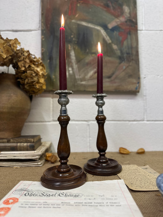 Edwardian Pewter Topped Candlesticks