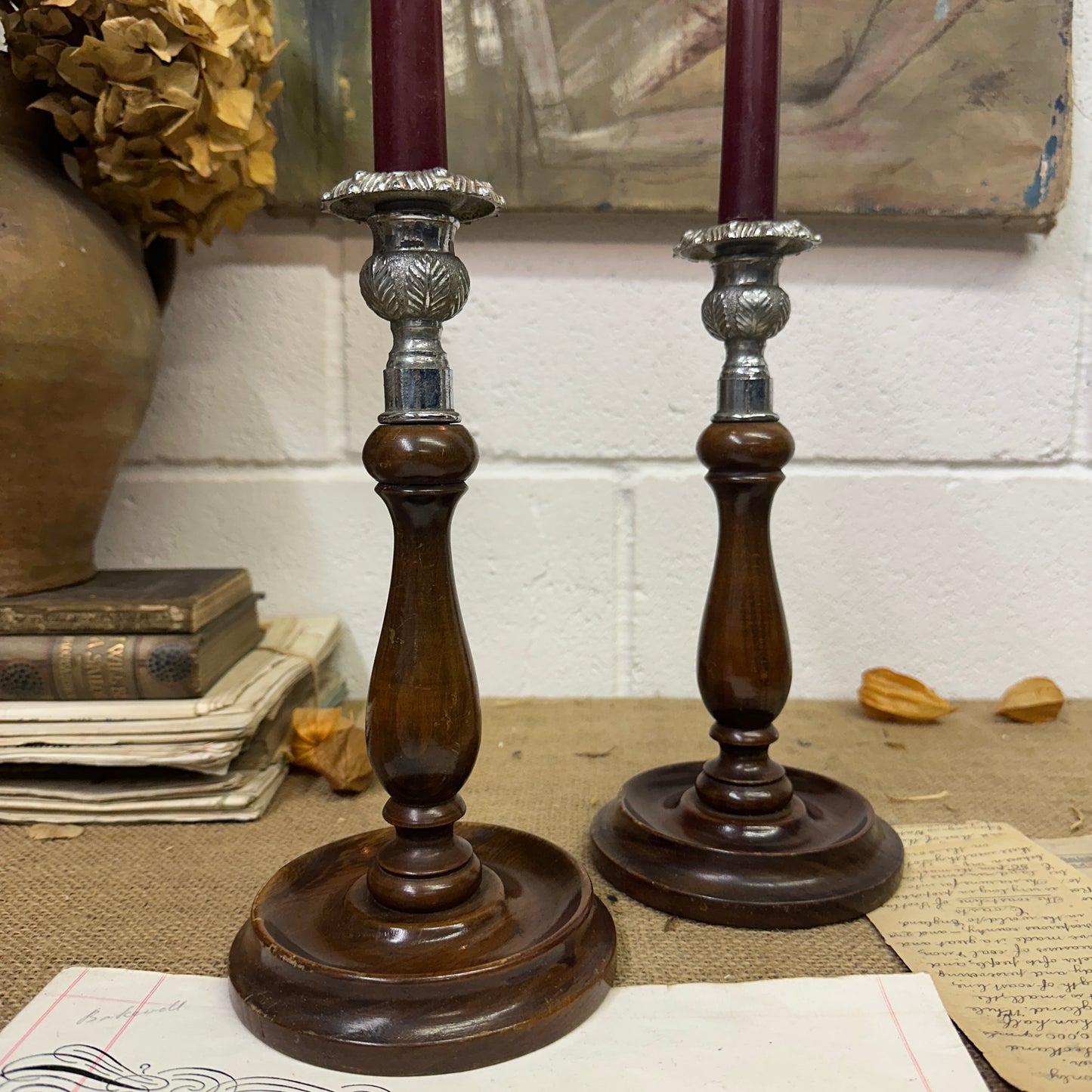 Edwardian Pewter Topped Candlesticks