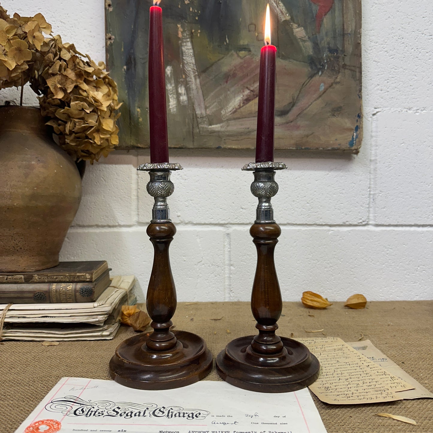Edwardian Pewter Topped Candlesticks
