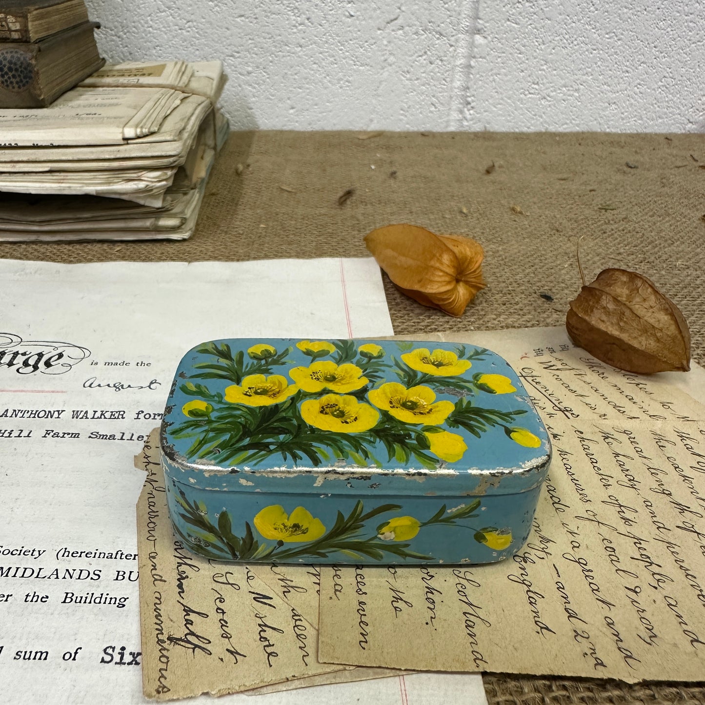 Small Blue Hand-painted Floral Tin